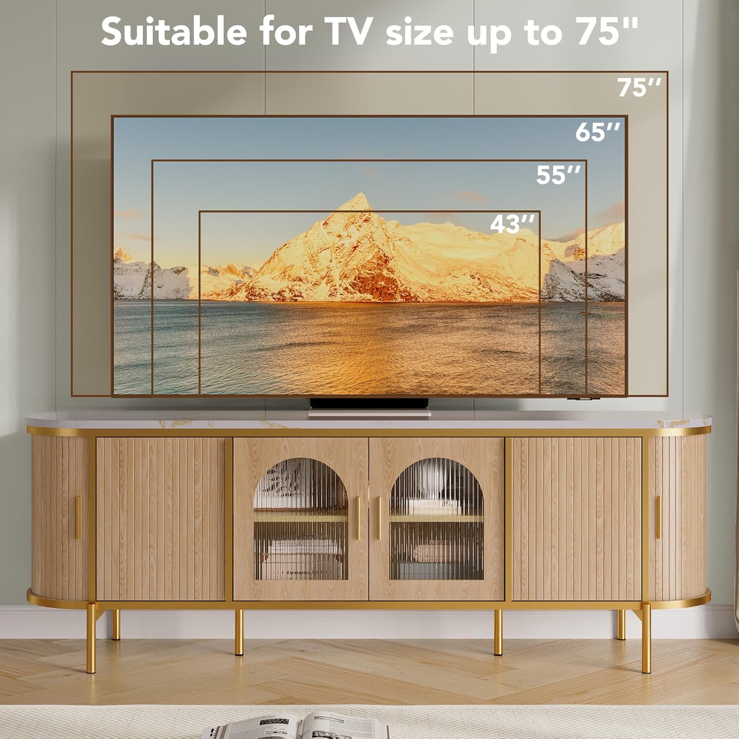 70" Fluted TV Stand, Modern Entertainment Center with Reeded Glass Door, Ajustable Shelves & Sliding Doors, TV Console with Large Storage Space, Media Console for Living Room, Oak