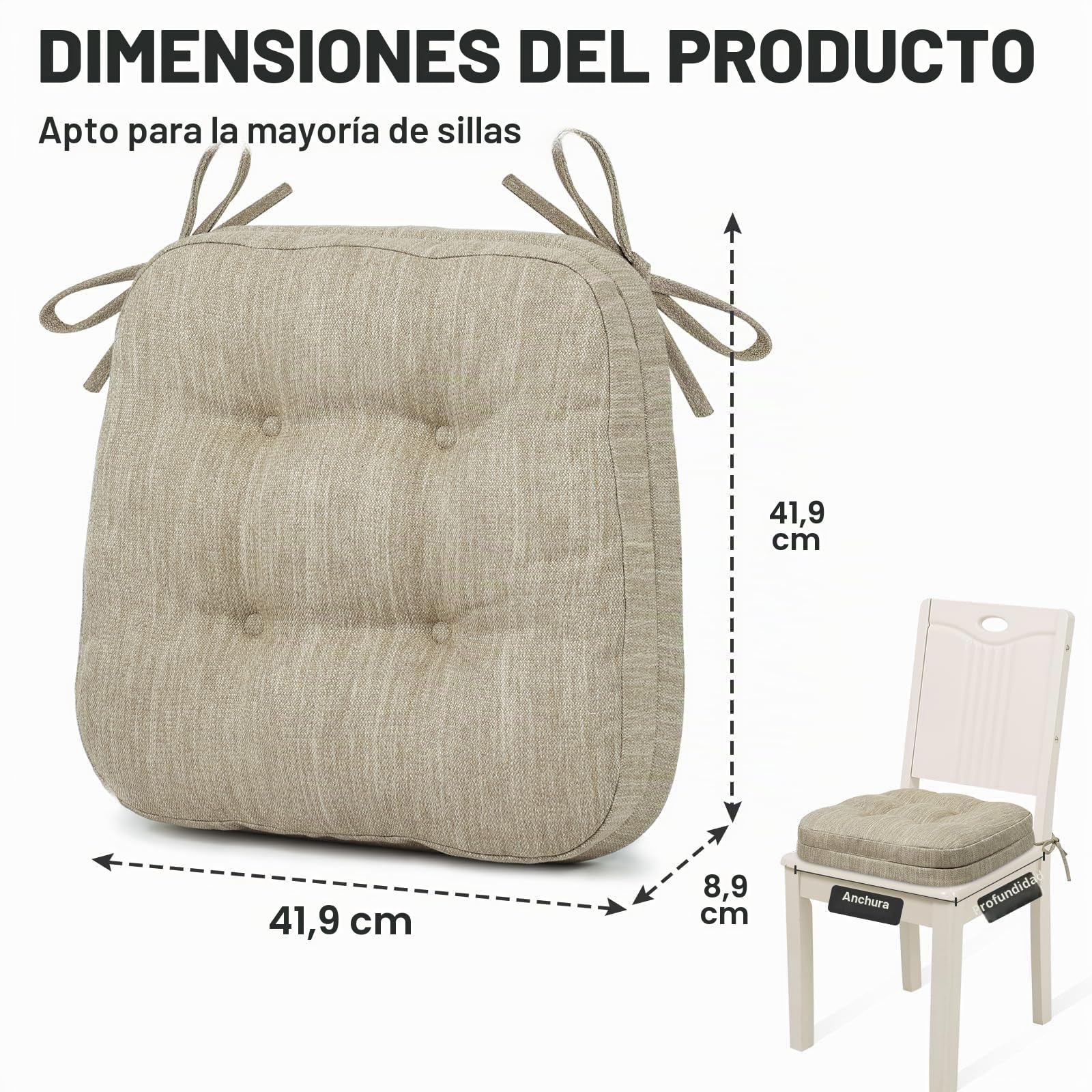 Shinnwa Cojines para sillas de Comedor, 4 Unidades, Cojines de Espuma viscoelástica para Asiento de Cocina, Antideslizantes, con Lazos, 16.5 x 16.5 x 3.5 Pulgadas, Beige, Juego de 4