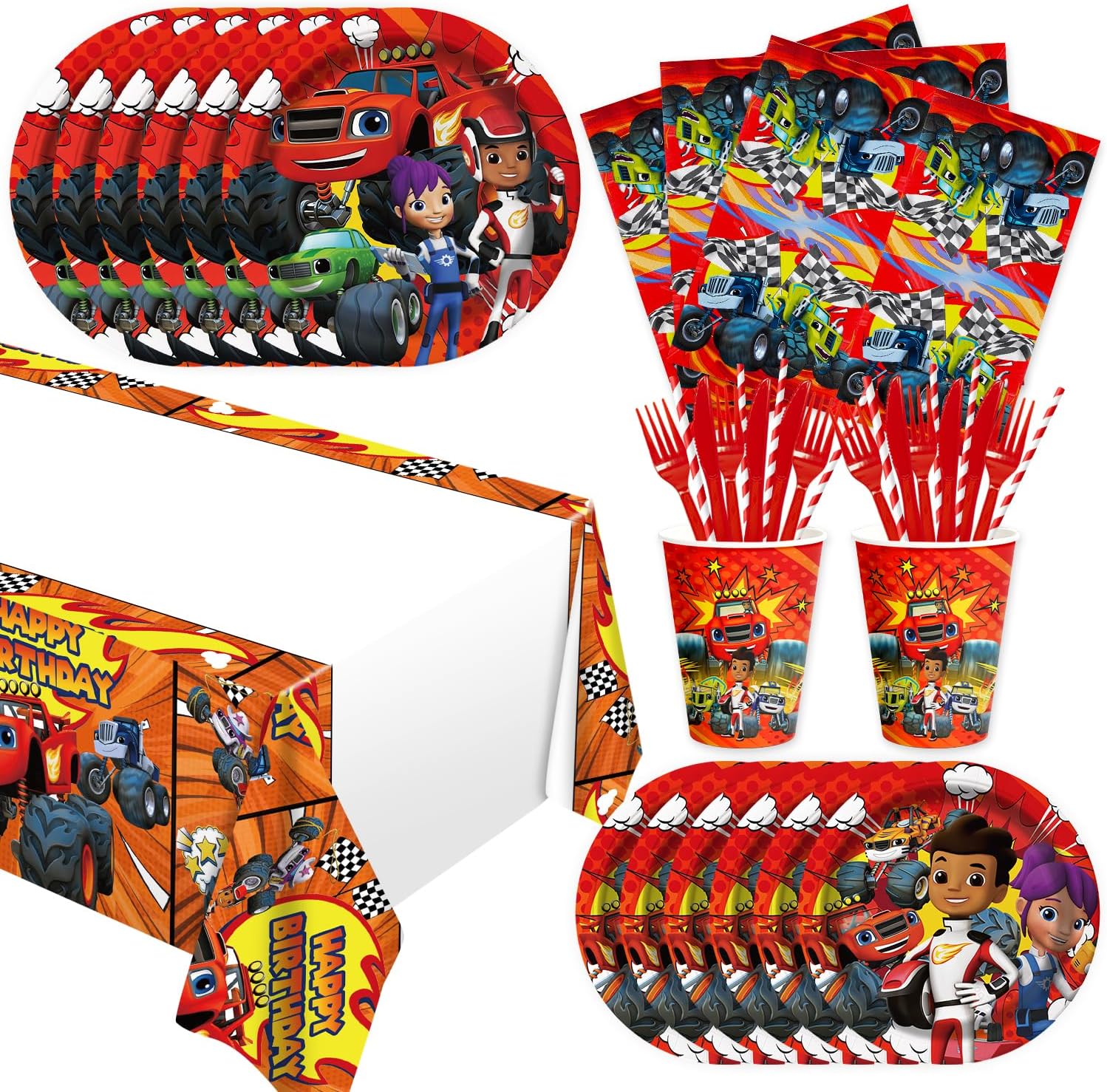 141Pcs Blaze and the monster Parties,Blaze and the monster Party Tableware Disposable Dinnerware Plates Cups Napkins for Whells Baby Shower Party Decoration Supplies,Serves 20