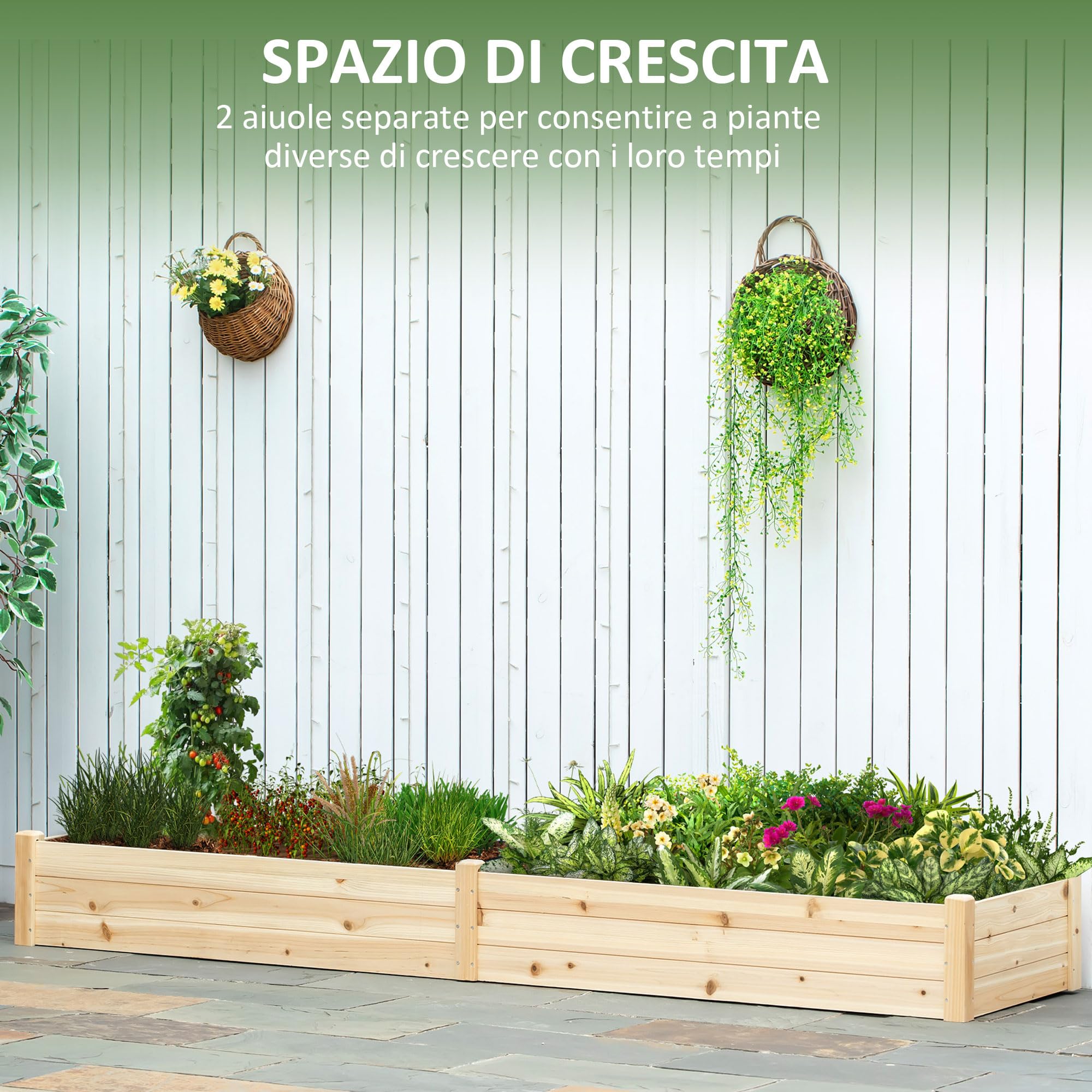 Outsunny Letto per Orto Rialzato, Fioriera con Fondo Aperto 244x61,5x27cm | da Esterno, Legno di Abete, 2 Sezioni Interne Separate, Cassone per Orto a Terra in Legno