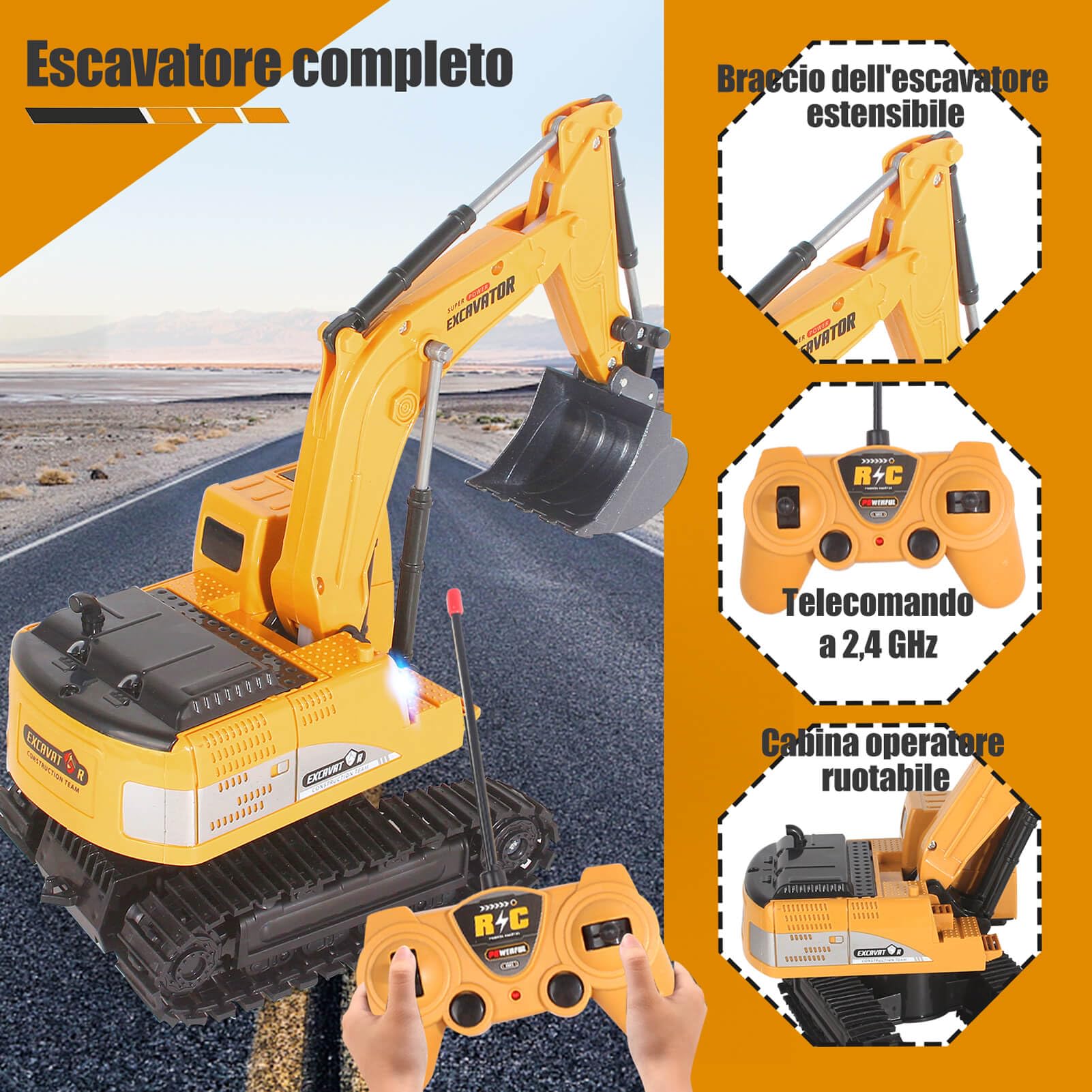 Jiakora Escavatore Telecomandato per Bambini, Escavatori Radiocomandato con Spalletta in Metallo, Escavatore giocattoli per Ragazzi con luci e Suoni, Sand Digger Regali per Bambini dai 4-8 Anni