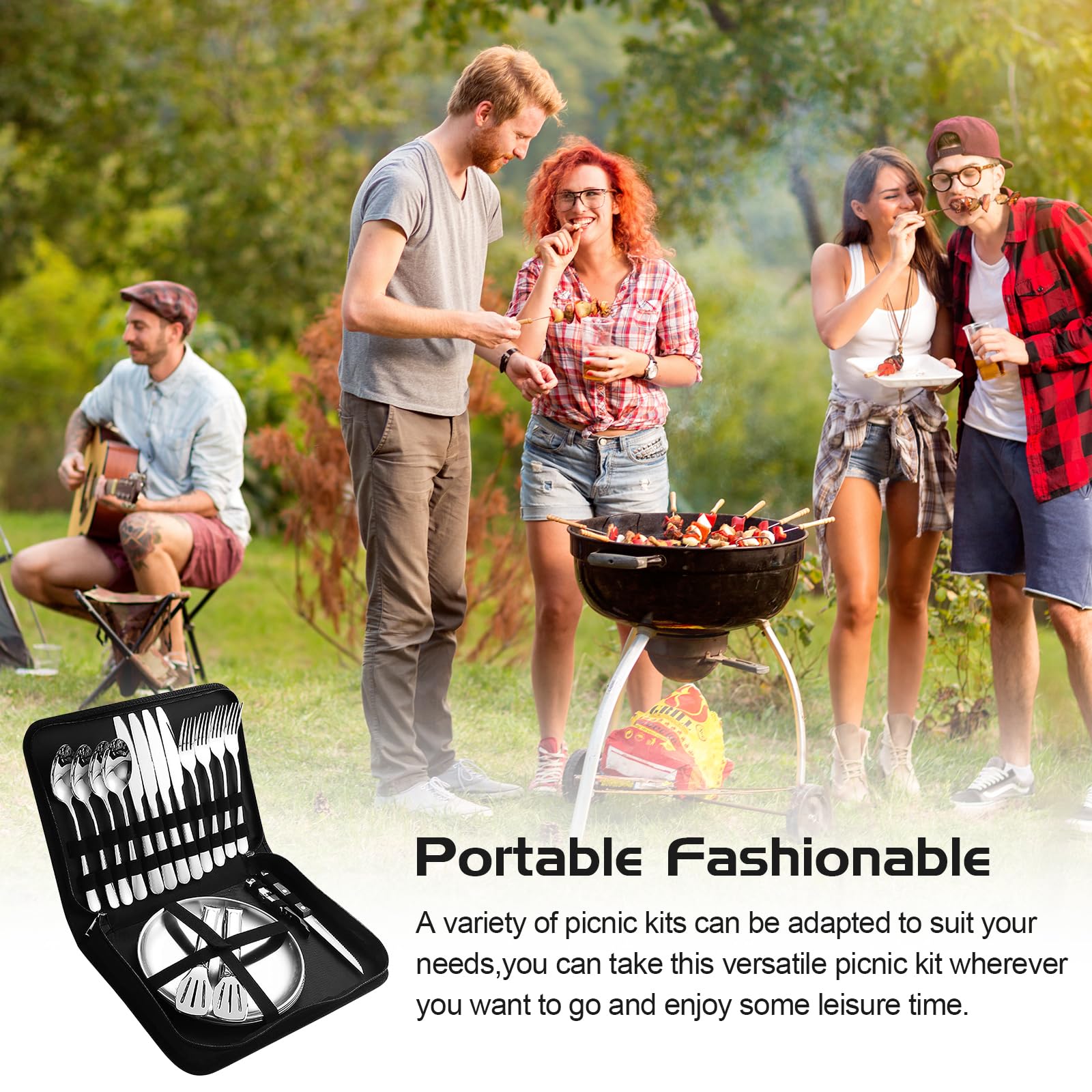 Campingbesteck Set für 4 Personen - Edelstahl Camping Geschirr Set für Outdoor, Picknick und Reisen - mit Edelstahl Messer, Gabel, Löffel und Teller, Tragbares Besteck Inklusive Bestecktasche