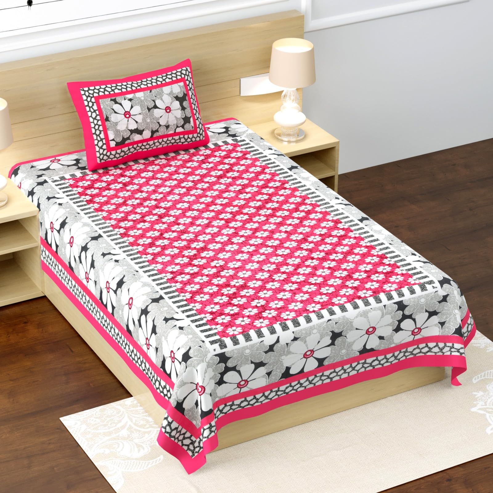 RajasthaniKart® Pure 100% Cotton Single Bed Sheet with 1 Pillow Cover (Bedsheet for Single Bed Cotton, Pink Floral)