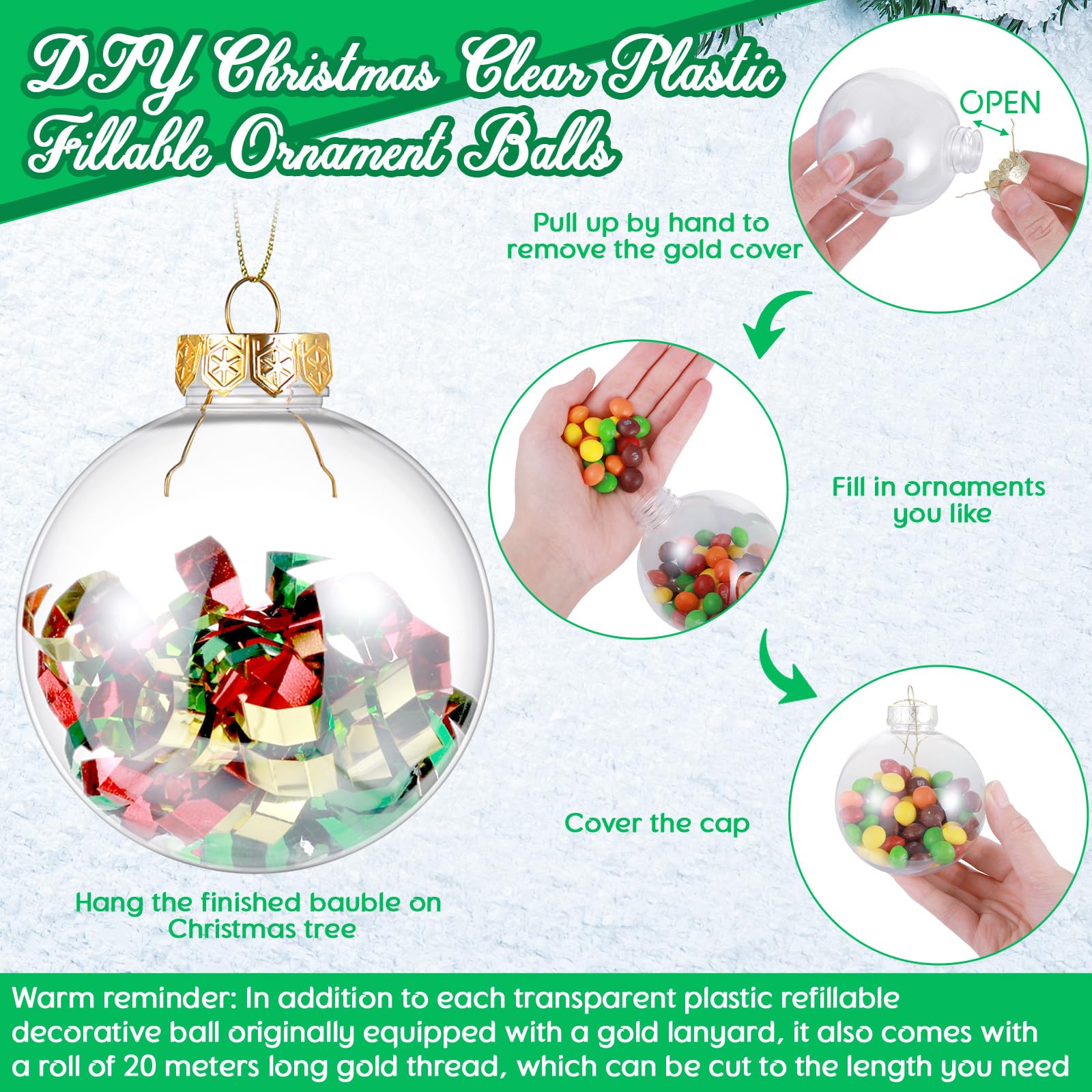 Wettarn 50 bolas de adorno rellenables de Navidad a granel, burbujas de plástico, adornos colgantes para manualidades, fiestas, decoración de cumpleaños (3.15 pulgadas, dorado)