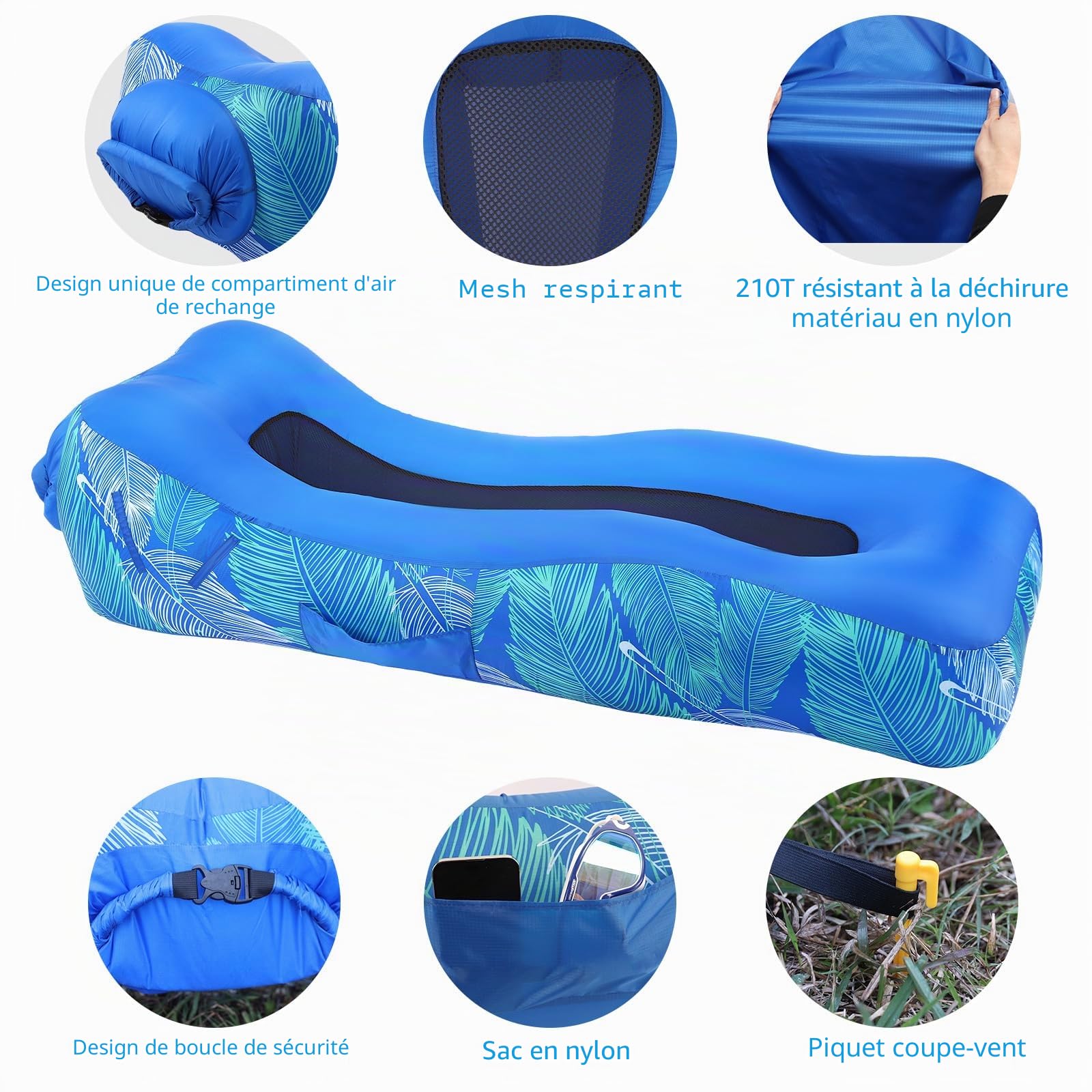 Chaise Gonflable Géante – Canapé Pouf Pour Plage, Camping, Festival – Gonflage Rapide, Tissu Floqué