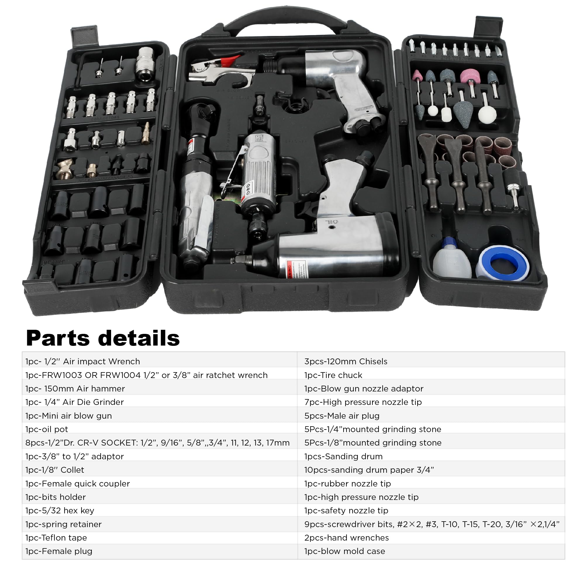 Druckluftwerkzeug und Zubehör-Set, 71-teilig, Schlagschrauber, Druckluft-Ratsche, Schneideisenschleifer, Lufthammer, Schlaucharmaturen, Aufbewahrungskoffer für Garage, Geschäft