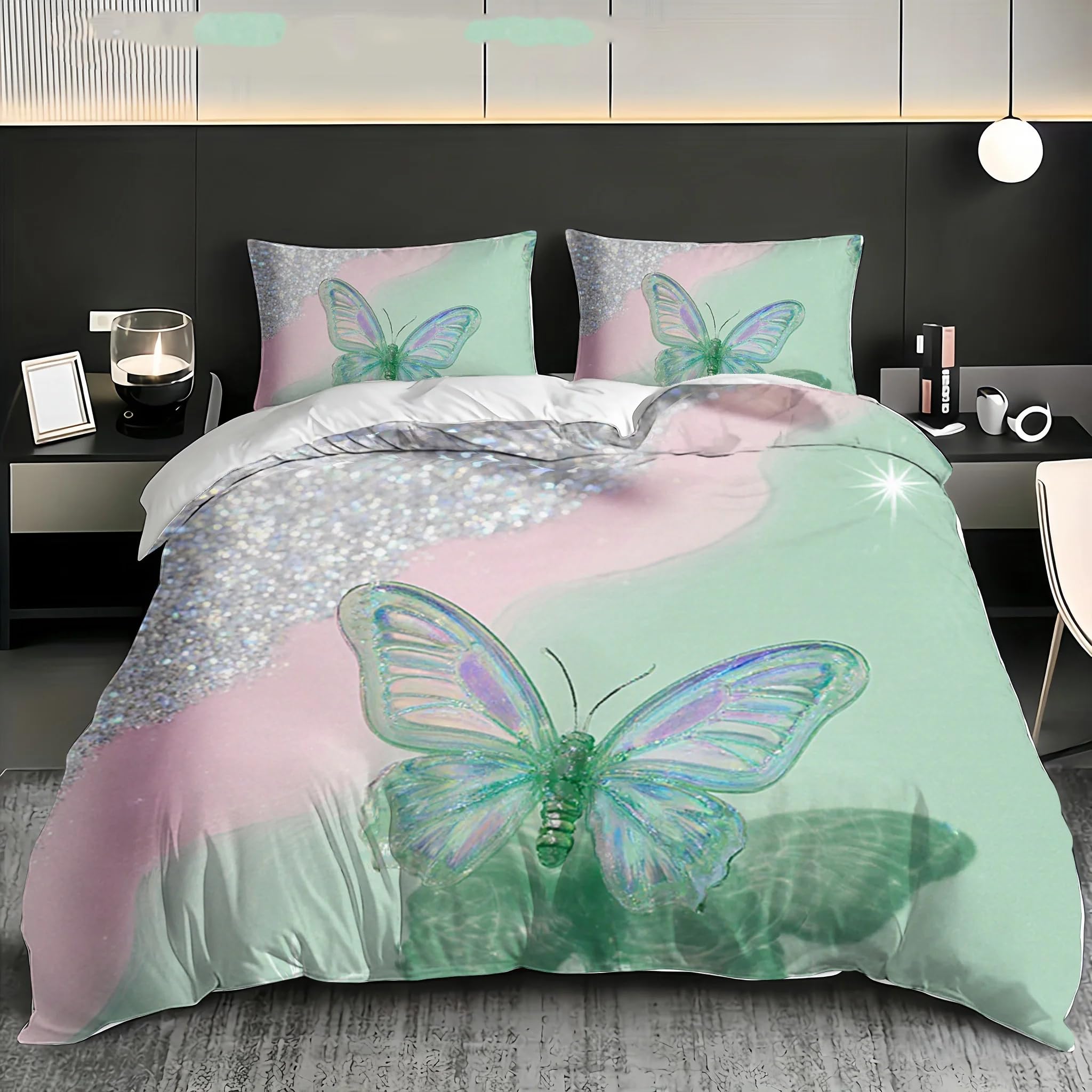 Funda Nordica Cama 150 Mariposa Verde Edredon Cama 150 para Niños Adultos con Cremallera Suave Transpirable Microfibra Fundas Nordicas 240x220 cm + 2 Fundas de Almohada 50x80 cm