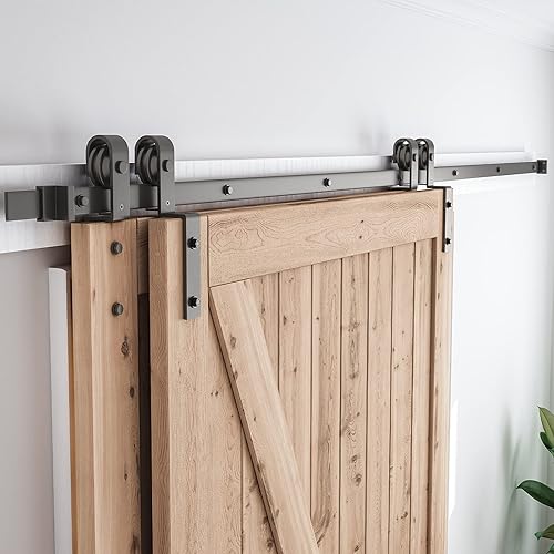SMARTSTANDARD Kit de herrajes para puertas corredizas de granero de 9 pies  para puertas dobles de madera  pista única  Suave y silenciosamente
