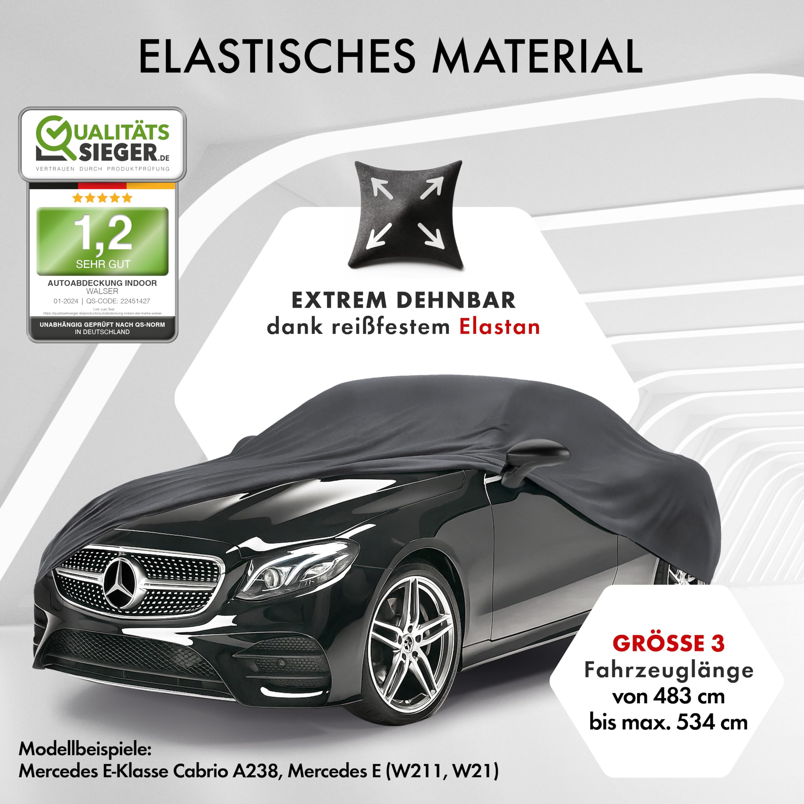 WALSER Premium Abdeckung Auto Indoor Stretch Plus Qualitätssieger Sehr Gut* Autoabdeckung Winter Autogarage Abdeckung Autoplane Winter Autogarage Abdeckung Winter Auto Abdeckplane Größe 3 anthrazit