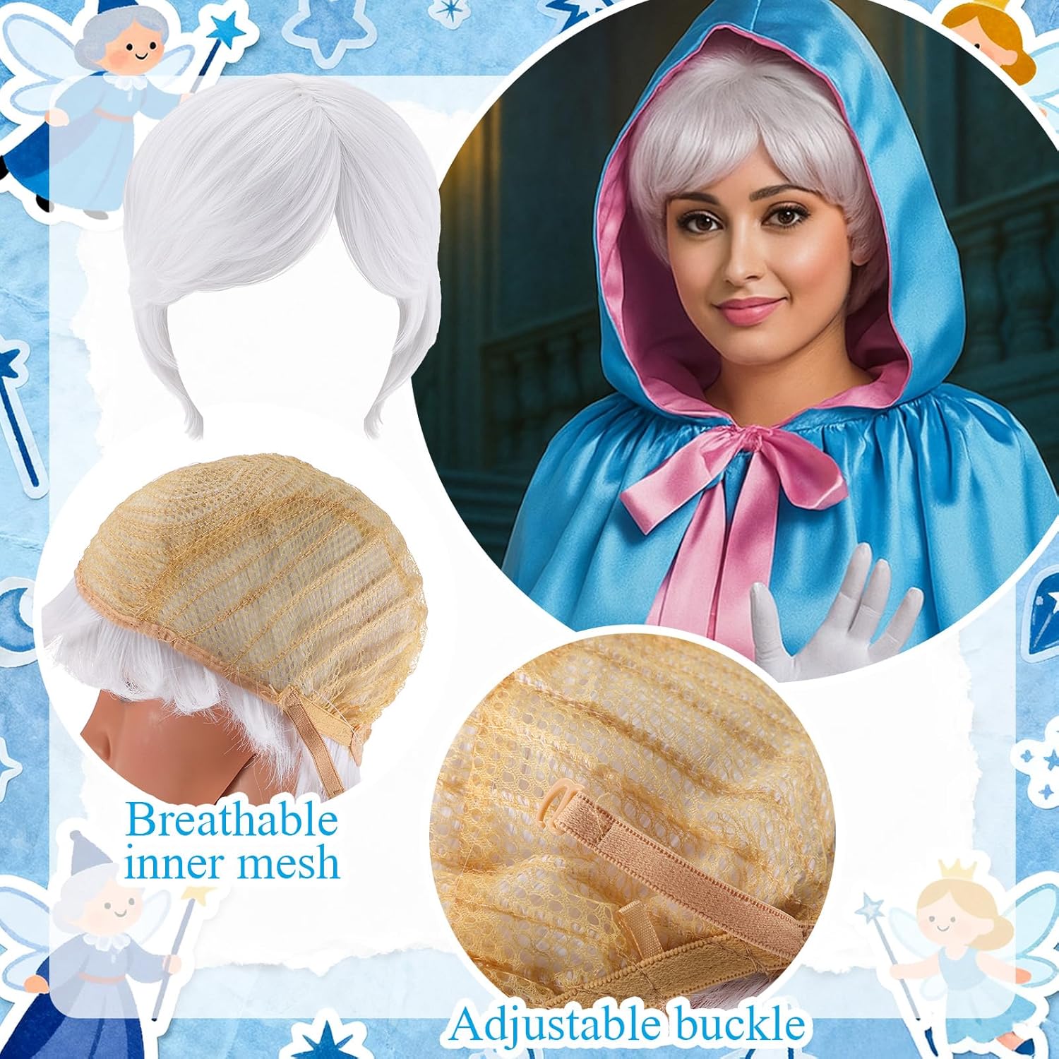 4 Pcs Adult Fairy Princess Costume with Blue Hooded Cloak Wig Lighted Magic Wand Gloves Winter Wonderland Cosplay