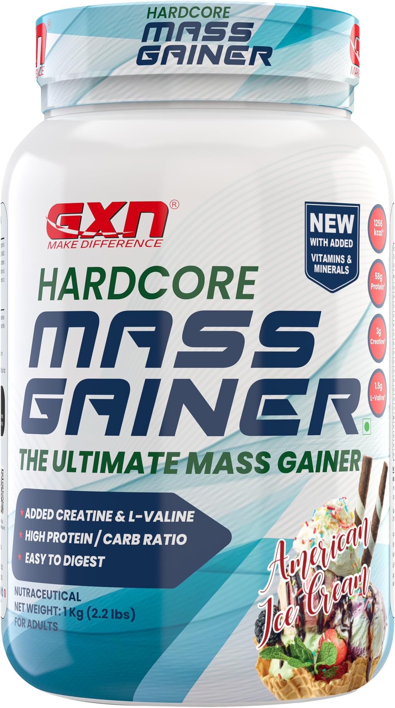 GXN Hardcore Mass Gainer 1 kg | With Vitamins & Minerals | American Ice Cream | Added Creatine & Digestive Enzymes | 13 Servings
