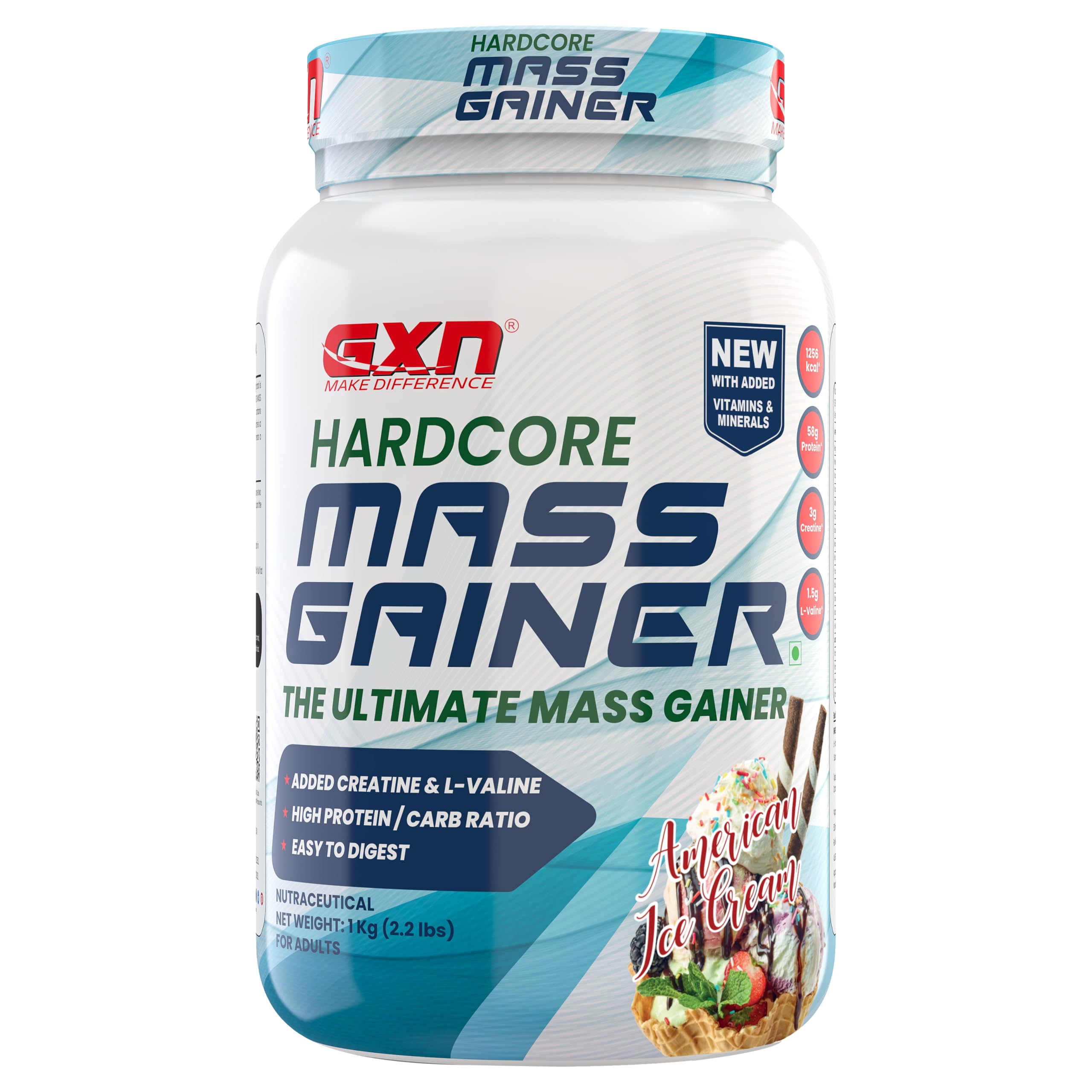 GXN Hardcore Mass Gainer 1 kg | With Vitamins & Minerals | American Ice Cream | Added Creatine & Digestive Enzymes | 13 Servings
