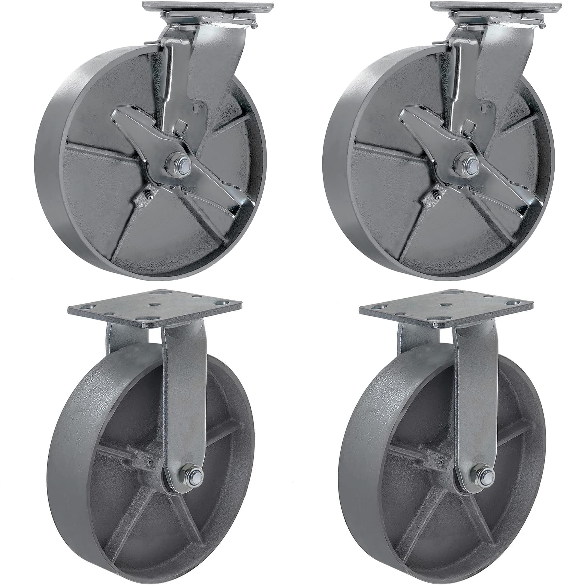 Heavy Duty Caster Steel Cast Iron wheel, Tool box and Workbench Caster-Set of 4 5200LB Capacity (8 inch, 2Rigid & 2 Brake)