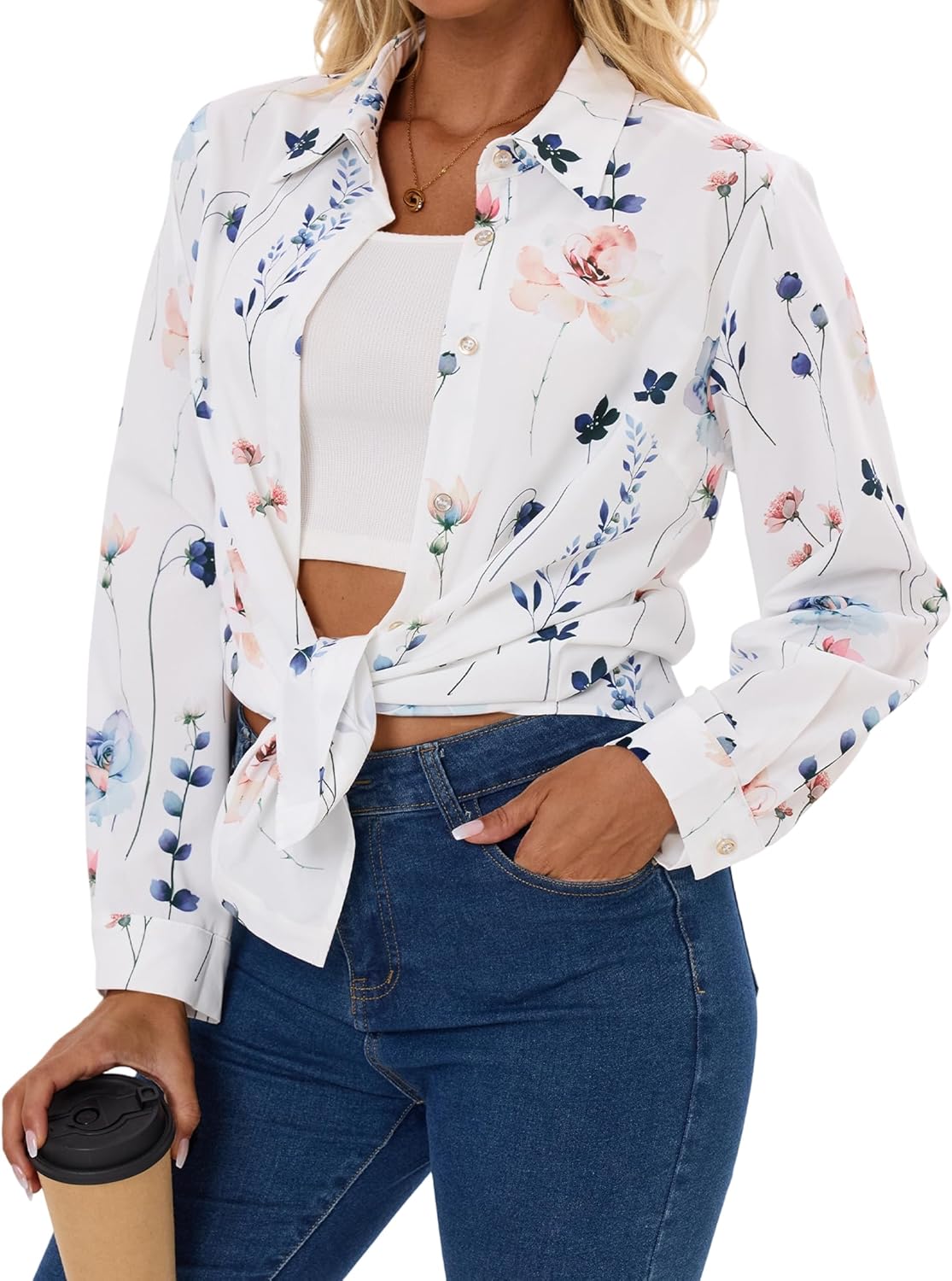 Button Down Long Sleeve Shirts for Women Floral Print Button Up Business Casual Outfits Trendy Ladies Top Blouses - Image 9