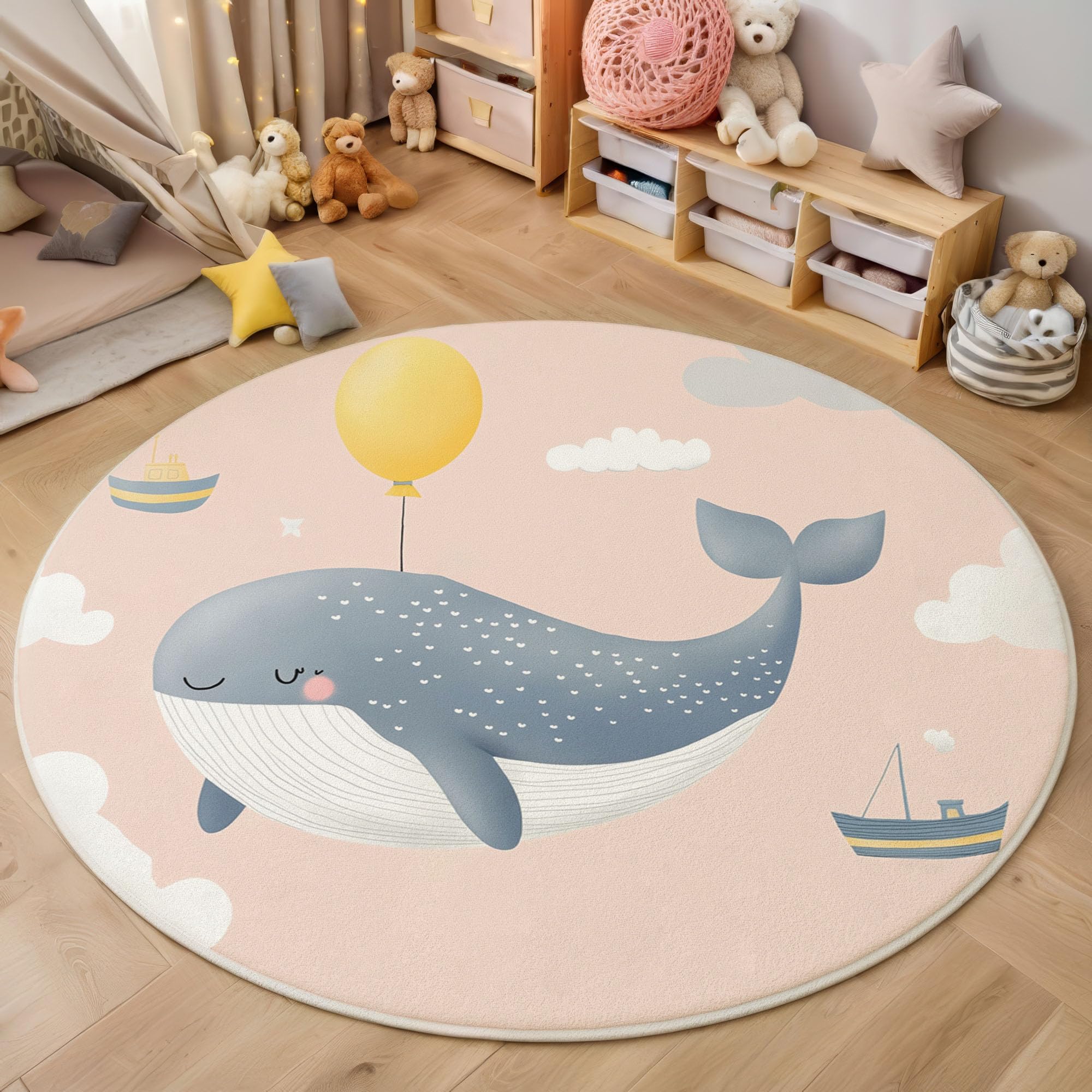 Tapis rond rose clair de 120cm avec motif de baleine et ballon pour chambre d'enfant