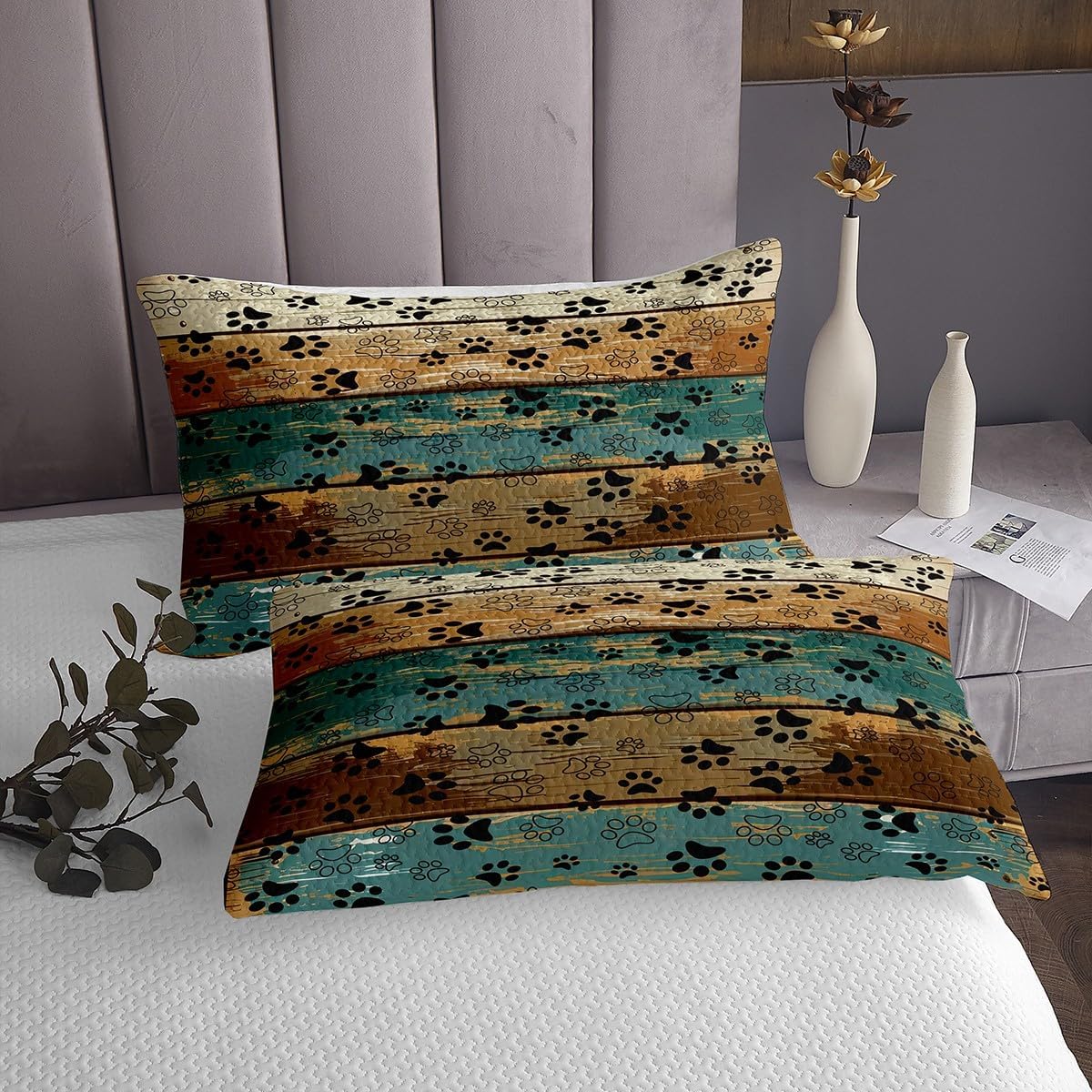 Manfei Paw Print Bedspread Queen Size, Black White Animal Print Quilted Coverlet with 2 Pillowcases, Rustic Farmhouse Style Coverlet Set 3pcs for Kids Boys Girls, Soft Polyester Bedding Quilt