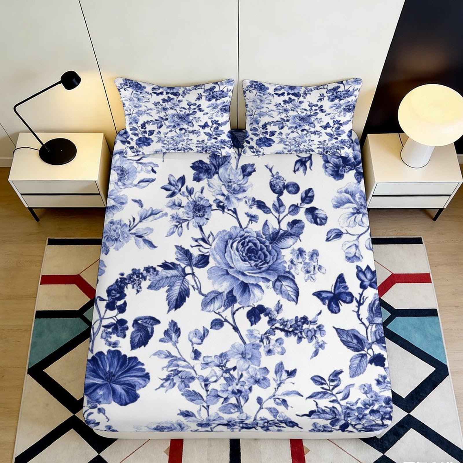 Pnayamiorkfel Style-1 3D Printed Blue Floral Fitted Sheet Microfiber Soft Breathable Butterfly Bed Cover For Bedroom Guest Room Decor 90X200x25cm