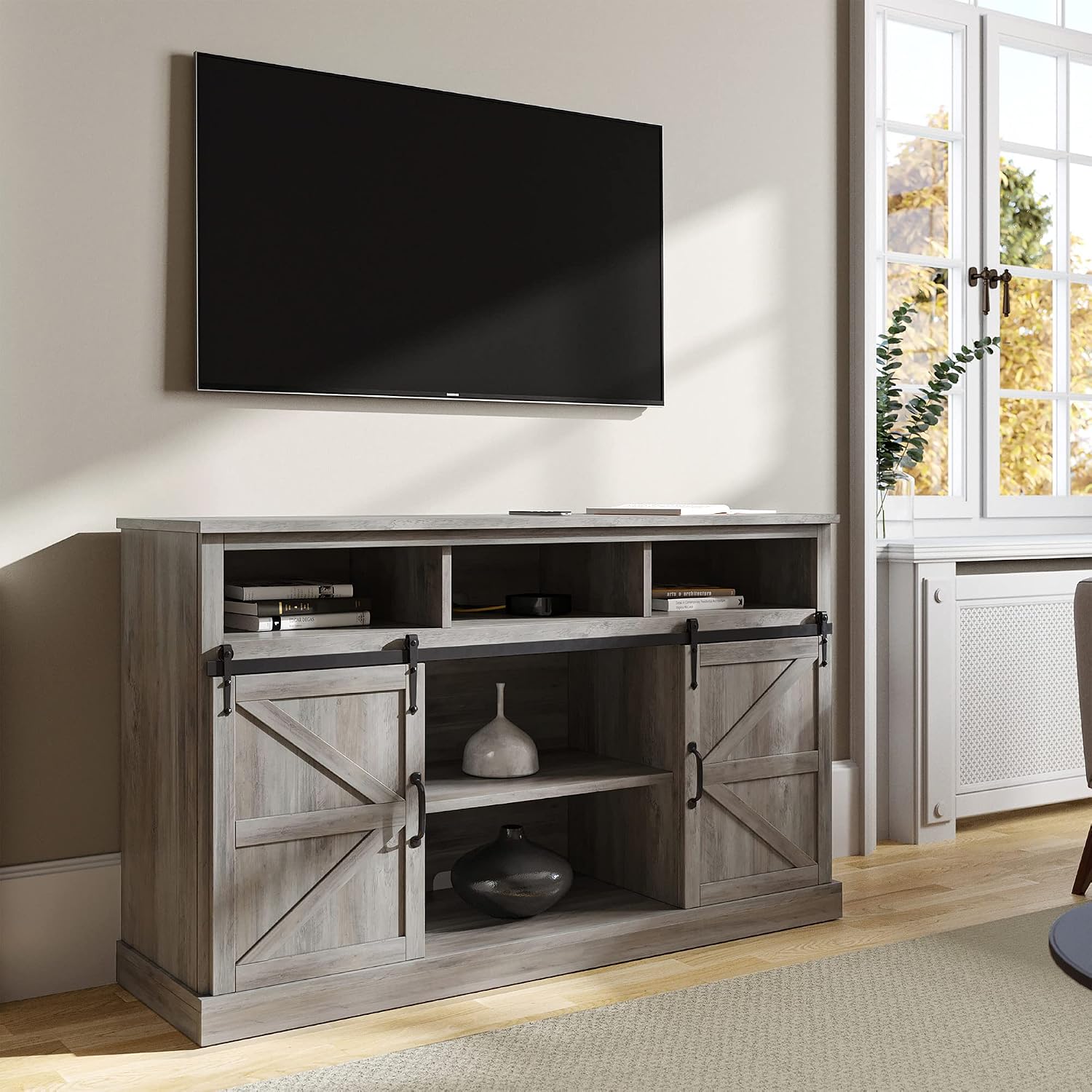 BELLEZE Modern 52 Inch Farmhouse Highboy TV Stand & Media Entertainment Center Console Table for TVs up to 55 Inch with Sliding Barn Door and Storage Cabinets - Parker (Gray Wash)