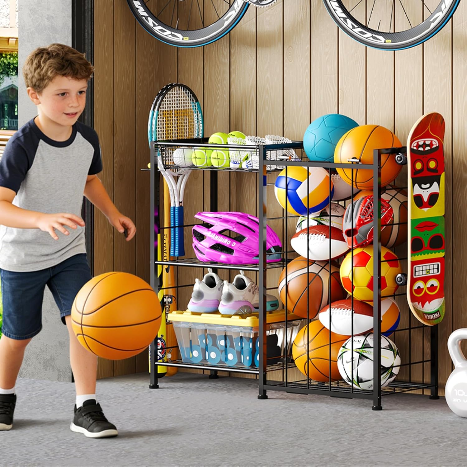 Sports Equipment Organizer, Ball Storage Rack with Elastic Straps and Removable Basket for Garage Organization, Garage Organizer with Hooks for Toy Sports Gear Storage, Sports Ball Storage Cart, Black - Image 6