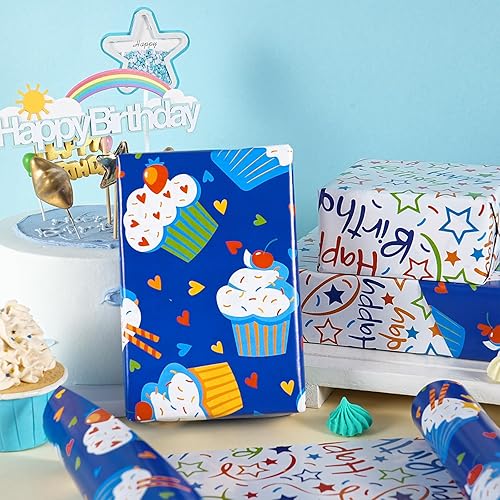 Miniatura 3 de RUSPEPA Rollo de papel de regalo reversible de cumpleaños, mini rollo, diseño de cupcake azul y texto colorido feliz con estrellas, colorido y