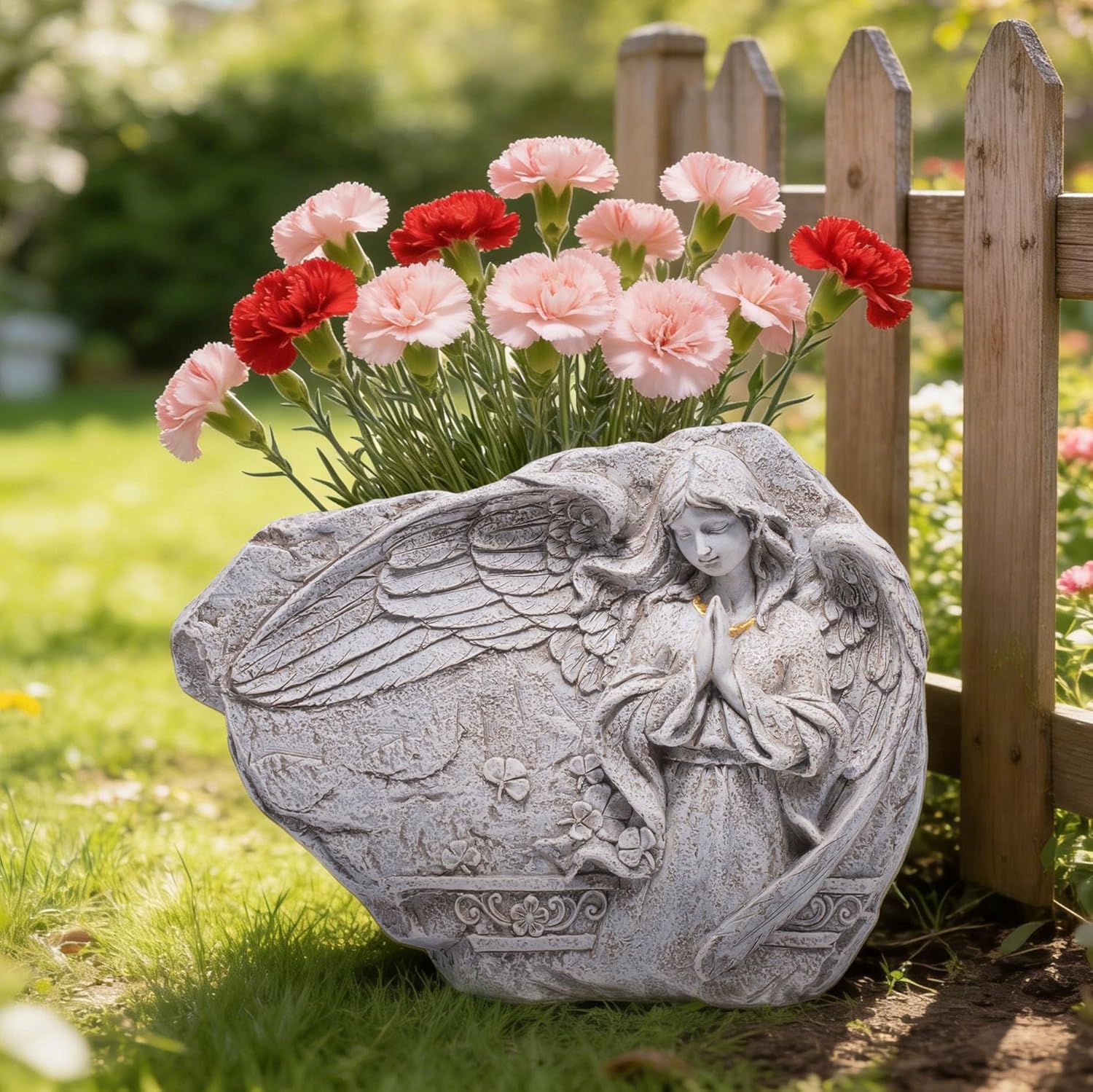 basen Angel Garden Planter Outdoor, Resin Flower Pot with Praying Angel Relief Sculpture, Decorative Planter for Yard Lawn Patio, Stone Style Garden Flower Pot for Plants Succulents Decor