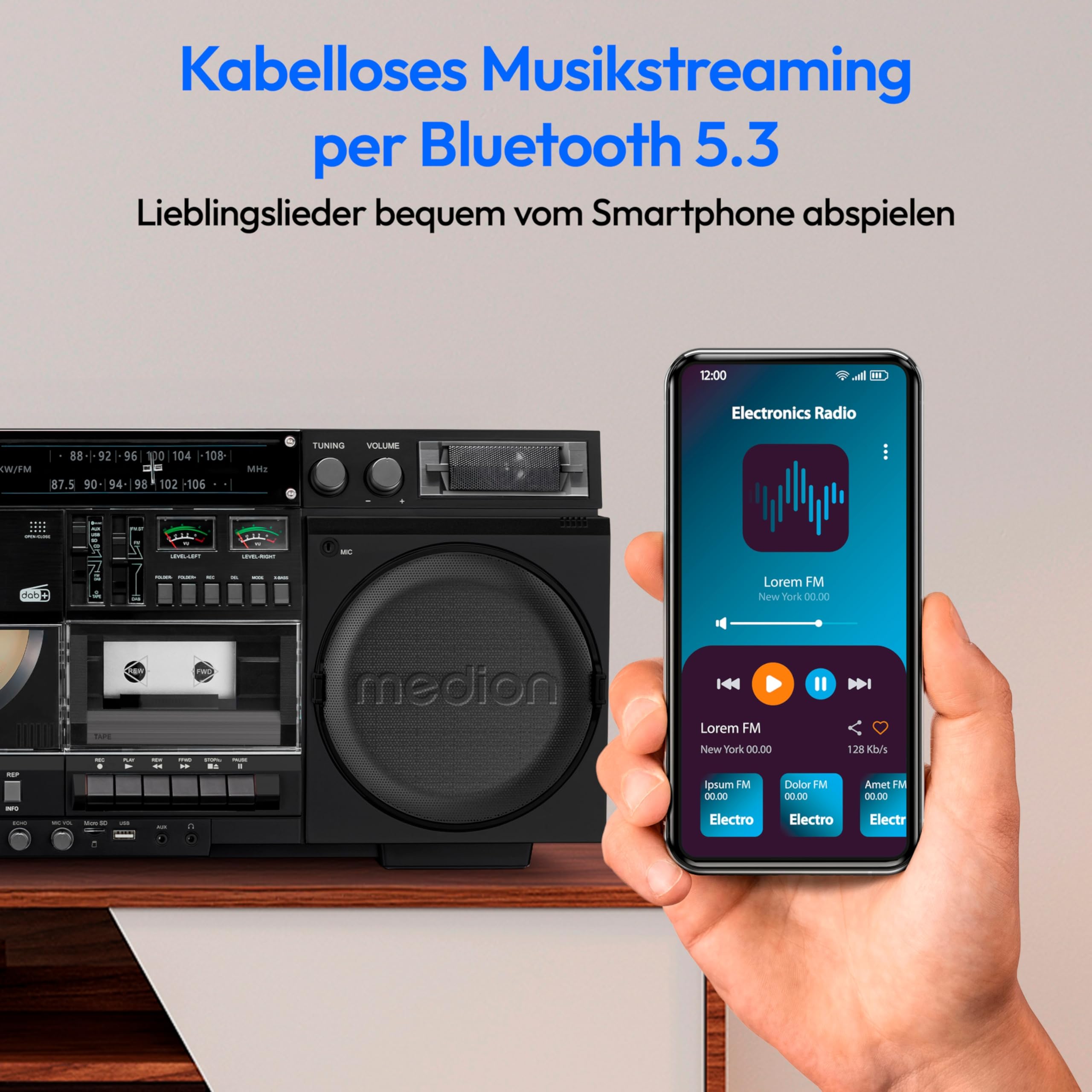 MEDION P66538 Kassettenrecorder (Retro Ghettoblaster mit CD-Player, 80er, groß, USB, SD, CD, Kassetten MC, DAB+ Radio Teleskopantenne, Bluetooth, Kassettendeck, Aufnahmefunktion