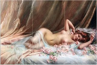 Tile Mural Girl in Roses by Delphin Enjolras Flowers Nude Bed Woman Kitchen Bathroom Shower Wall Backsplash Splashback 3x2 4.25" Ceramic, Glossy