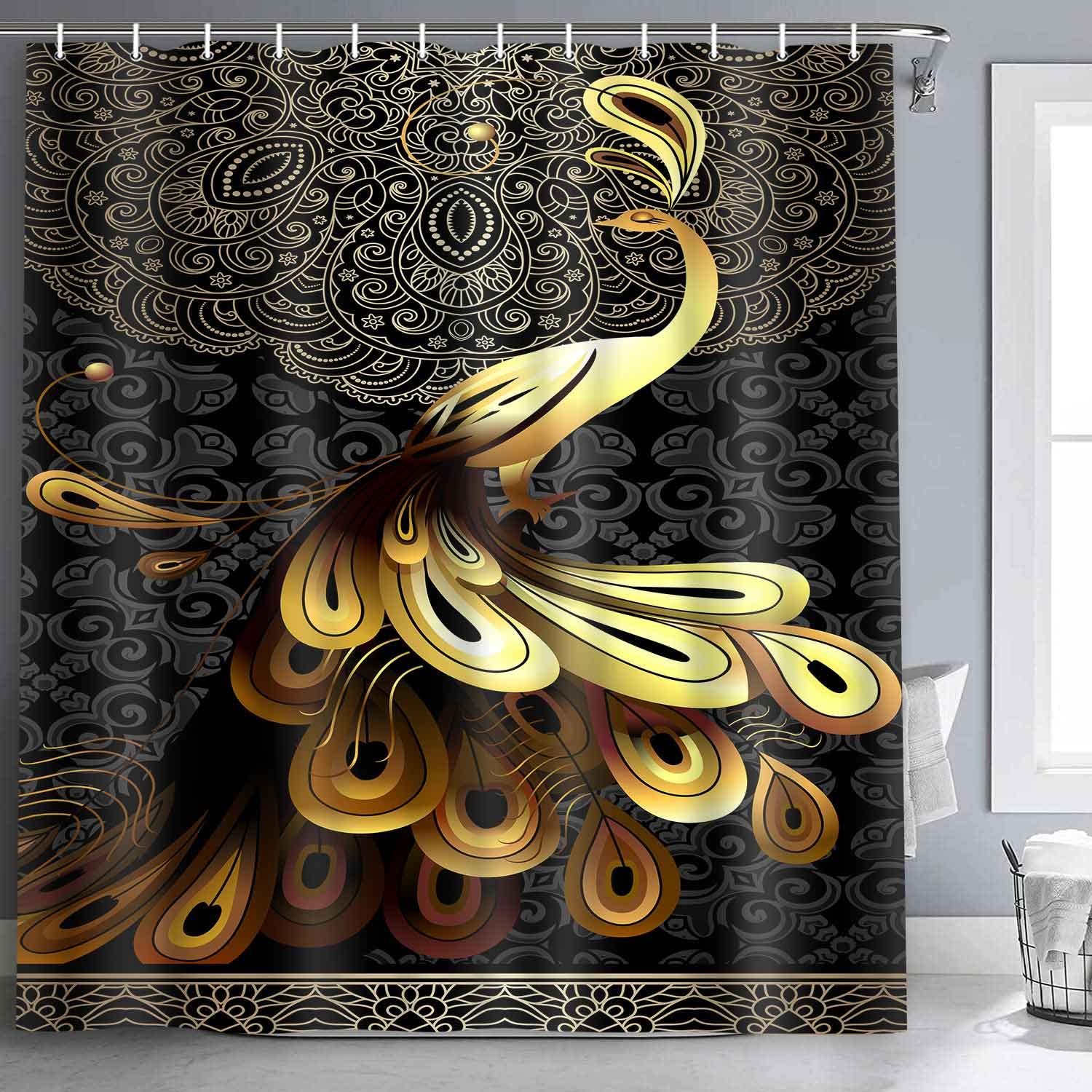 NTETSN Gold Peacock Shower Curtain Abstract Animal Peacock Paisley Pattern Bathroom Decor Polyester Fabric Curtains Set with Hooks Square Standard Size 72 X 72 Inch YLZYNT571