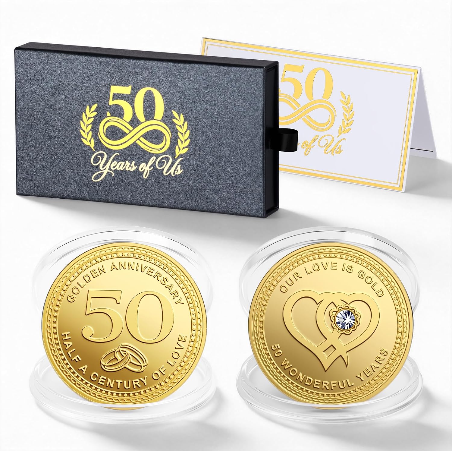 50th Wedding Anniversary Gifts, 50th Gold Anniversary Coins Set of 2 for Couple Parents Friends Gold-Plated Finish with 3D Embossed Design Golden Keepsake in Elegant Gift Box