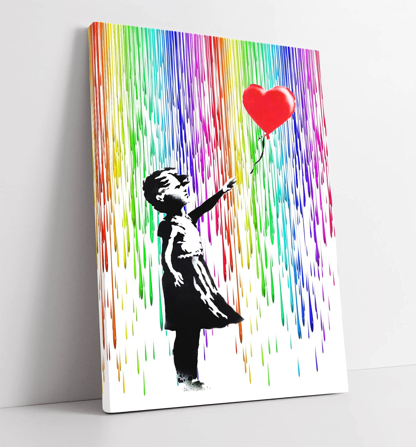 Canvasartshop Girls Multicoloured - Banksy Balloon Coloured Rain- Canvas Wall Art Picture Print (18X12)