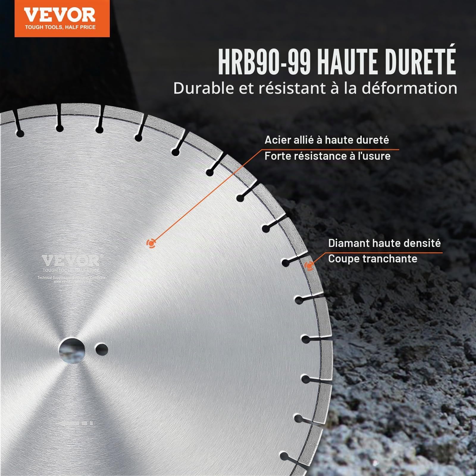 VEVOR Disque à Tronçonner Diamanté 350 mm, Disque Diamant Humide ou Sèche, Lame de Scie à Béton avec Dents Plates de 10 mm, Diamètre du Trou Central Universel 25,4 mm, pour Béton, Carrelage, Brique