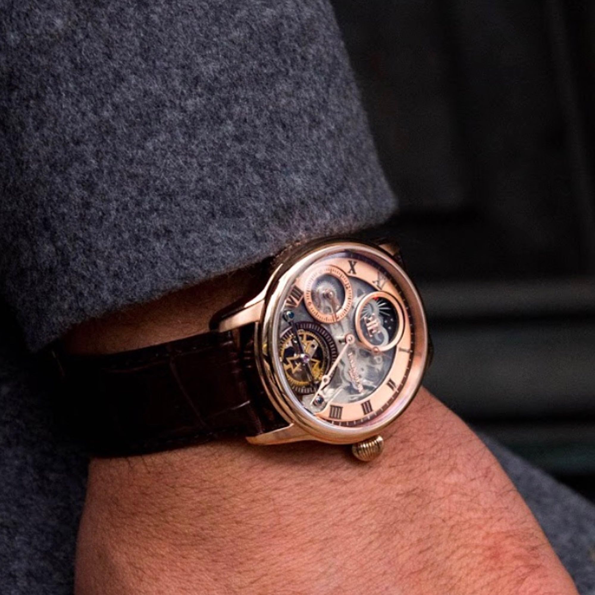 Thomas Earnshaw Reloj de pulsera para hombre ES-8063, 44 mm de longitud, doble hora, automático, esqueleto con correa de cuero genuino