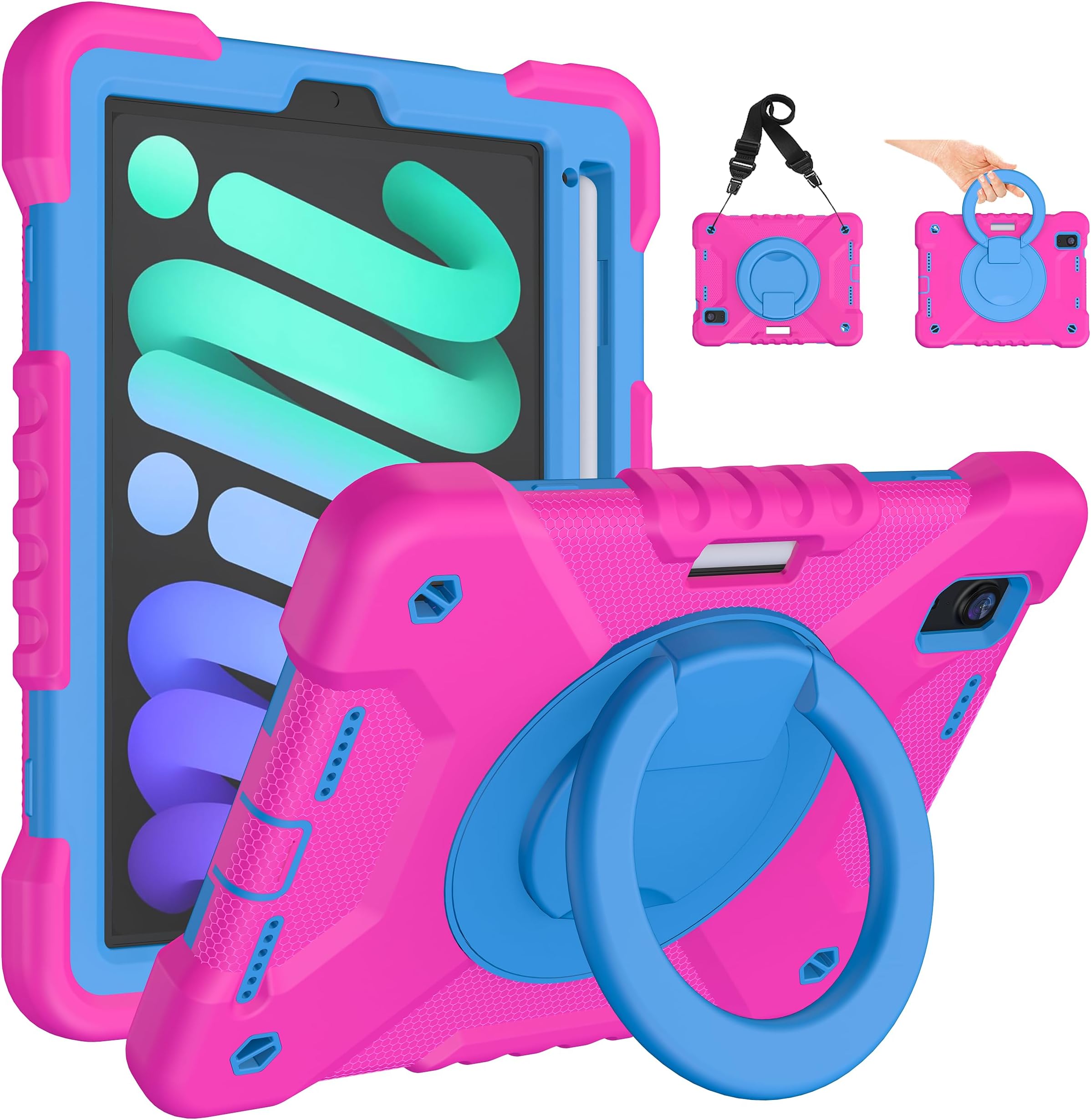 Andnary Case for 2024 iPad mini 7 A17 Pro/2021 Mini 6 8.3 Inch Case with Built-in Pencil Holder/360° Rotating Handle Stand, Drop-Proof Cover for iPad mini 7th/6th Generation 8.3", Pink+Blue