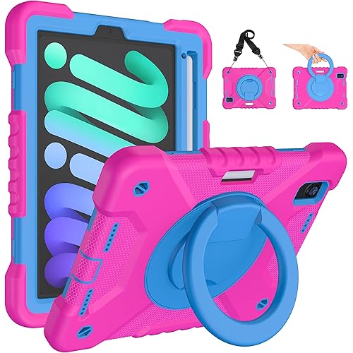 Case for 2024 iPad mini 7 A17 Pro/2021 Mini 6 8.3 Inch Case with Built-in Pencil Holder/360° Rotating Handle Stand, Drop-Proof Cover for iPad mini 7th/6th Generation 8.3", Pink+Blue