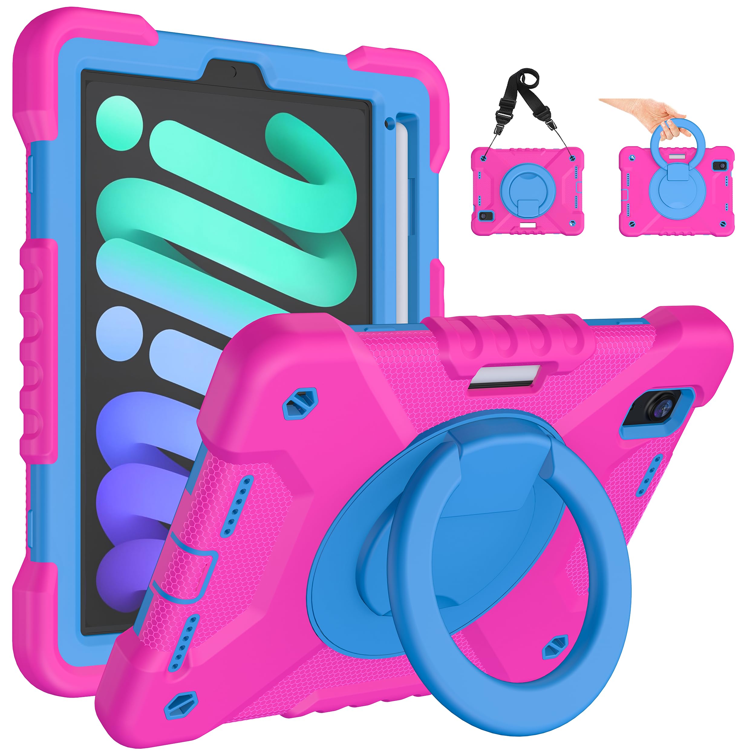 New iPad Mini 6 Case 2021 for Kids, Case for iPad Mini 6 Case 8.3 inch Case with Pencil Holder Screen Protector - Shockproof Lightweight iPad 6th Generation Cover with Rotating Grip as Stand Pink+Blue