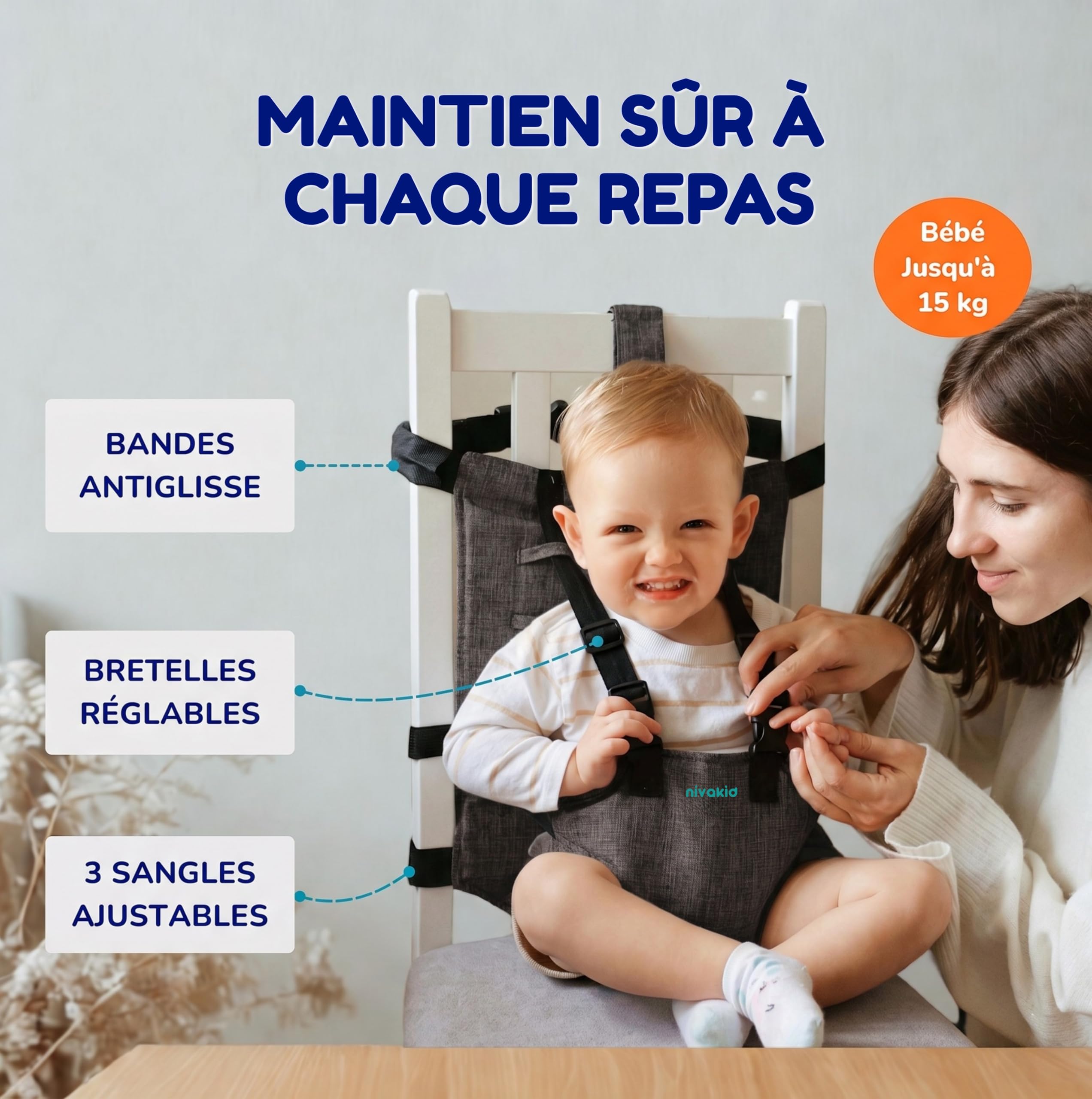 Chaise Nomade Bebe Sécurisée et Ultra Compacte, Siège Bébé Repas Voyage Pliable et légère, Rehausseur Chaise Haute, Harnais Ajustable lavable pour Sorties, Restaurant, Vacances, enfant de 6 à 36 mois