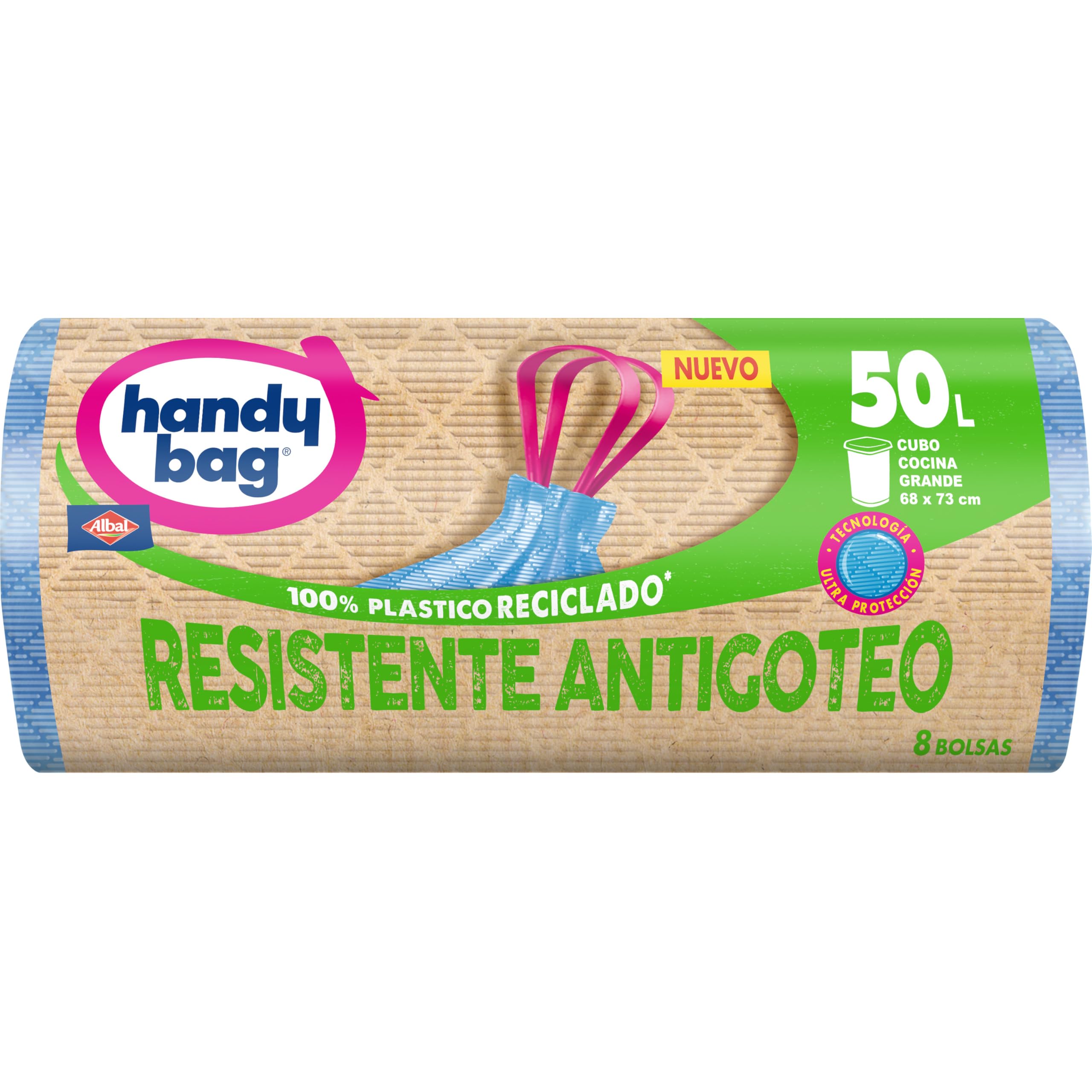 Handy Bag Bolsas de Basura Resistente Antigoteo, 100% Reciclado, Autocierre, 50L, 8 Bolsas, 1 Paquete