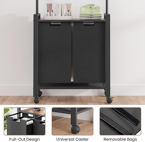 Miniatura 5 de Clasificador de ropa sucia de 2 secciones con barra para colgar ropa y estante de almacenamiento de madera, 2 cestas de lavandería de 13 galones,