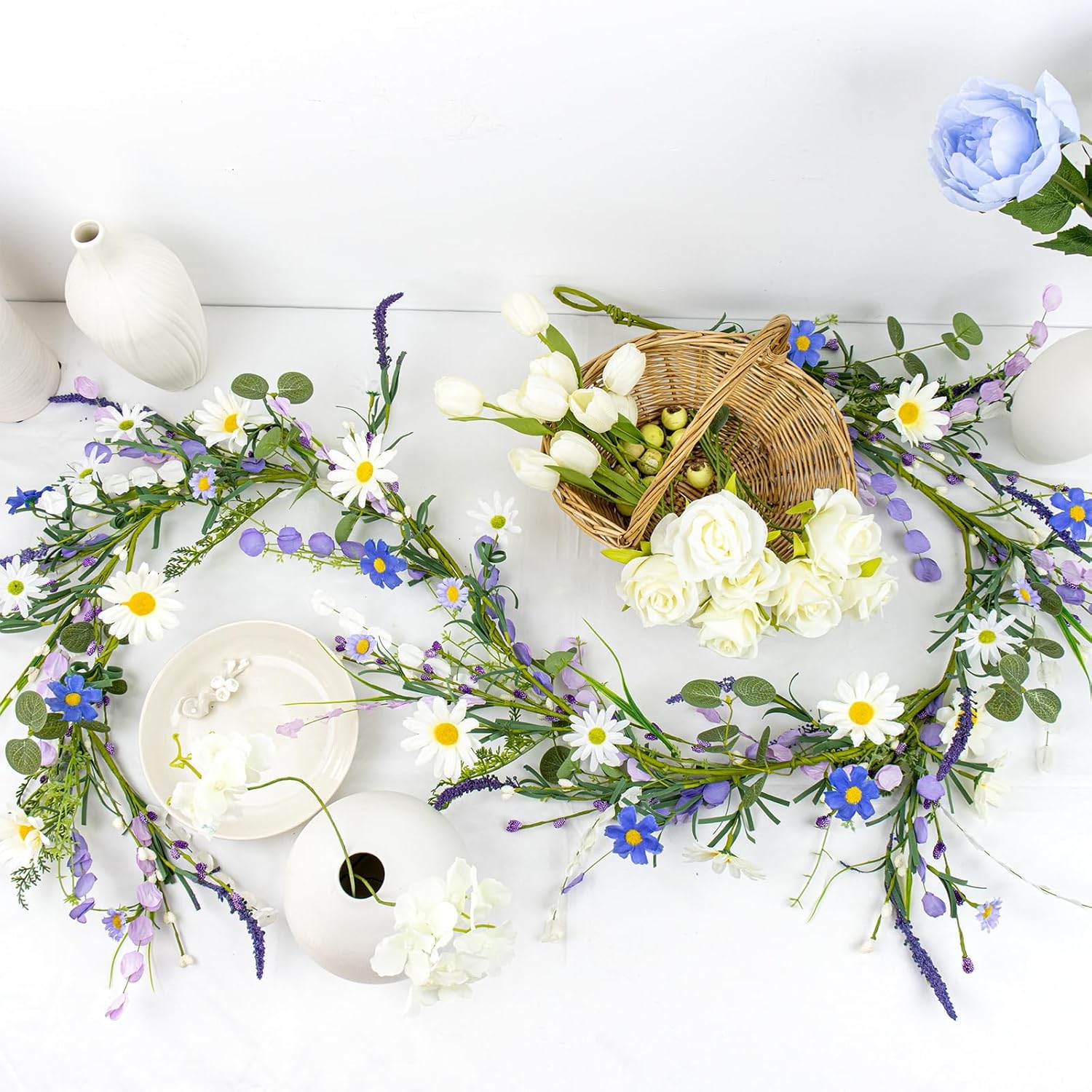 6 FT Farmhouse Spring Garland Country Summer Garlands for Decoration Rustic Spring Floral Garland with White Sunflower Wildflower Vine for Mantle Tabletop Centerpiece Stairs Railing Decorations - Image 6