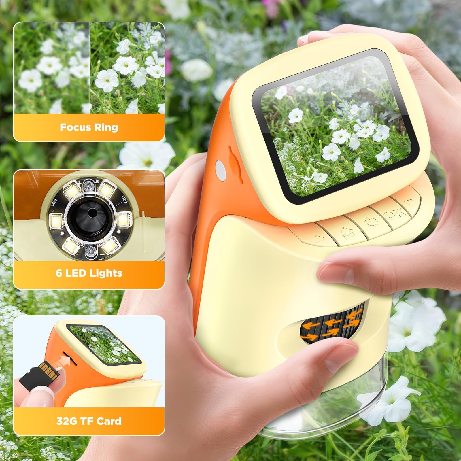 Microscopio para niños 2 en 1 de bolsillo portátil 1000X 2.0 pulgadas pantalla HD Microscopios digitales de mano con 10 diapositivas, foto/video, 6 LED ajustables, kit de ciencia Edu regalo para niños 7