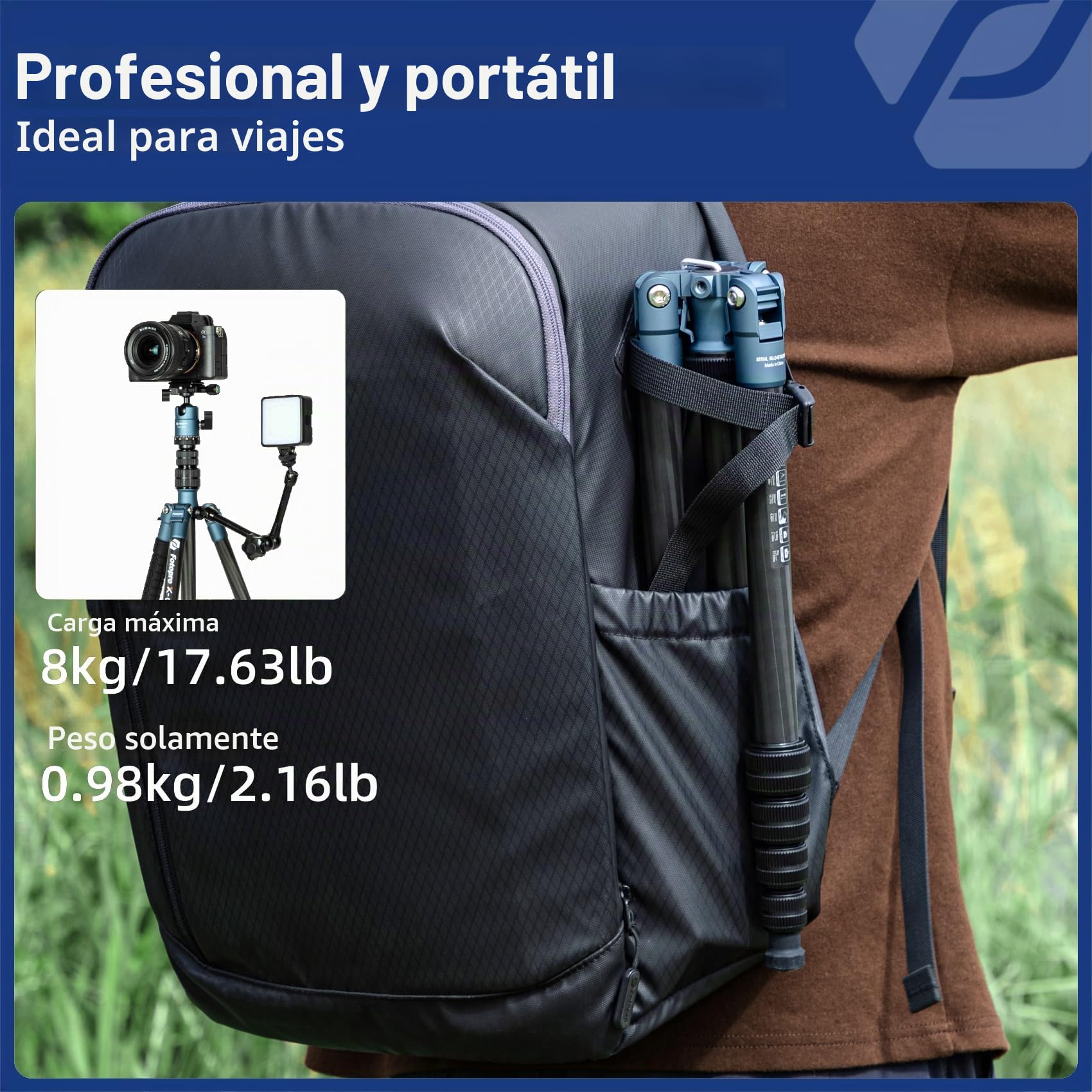 Fotopro Trípode de Viaje de Fibra de Carbono de 59 Pulgadas, trípode de cámara Compacto con Cabeza de Bola, monopie Desmontable con Placa de liberación rápida y Bolsa, Carga hasta 8 kg (Azul)
