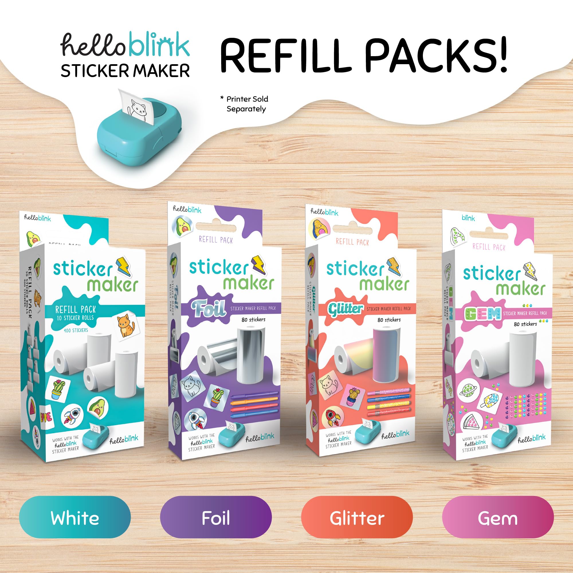 Hello Blink Sticker Maker Nachfüllpack - 10 Rollen - 5 Rund, 5 Quadratisch - Macht 400 benutzerdefinierte Aufkleber - Kompatibel mit Hello Blink Drucker (separat erhältlich) - Spaß für Kinder ab 8