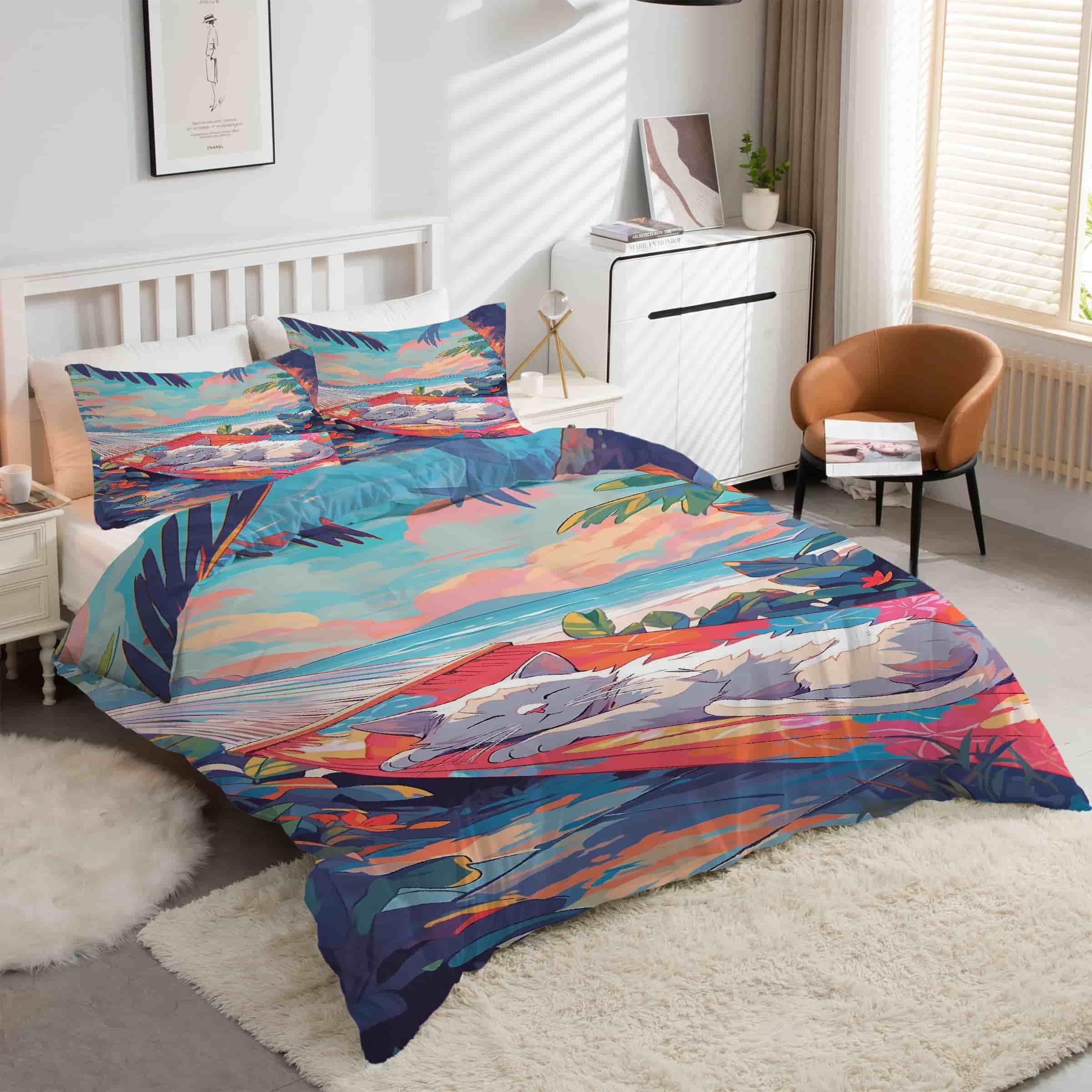Housse de couette 160x200 chat blanc en microfibre douce anti-plis pour un lit toujours impeccable