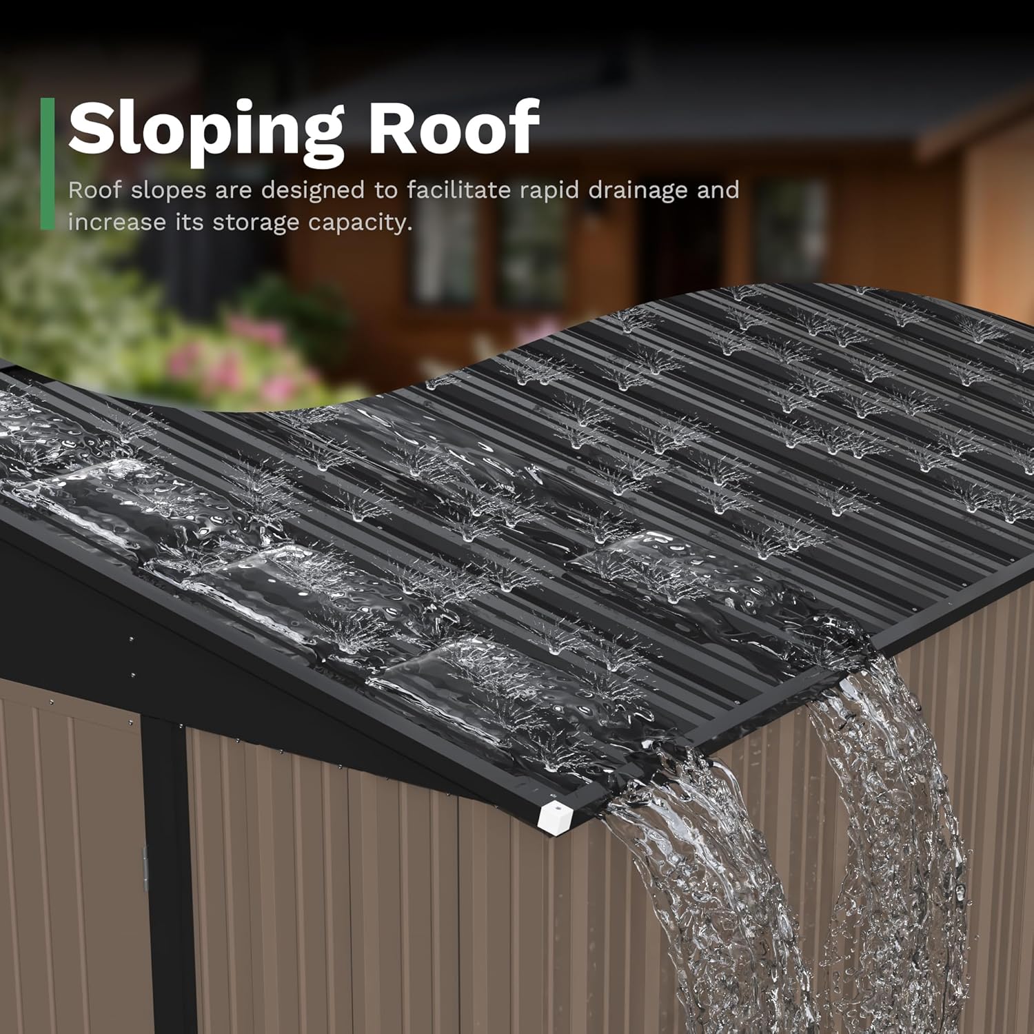 Illustration of the Patiowell shed's sloping roof design, showing rainwater effectively draining off the roof.