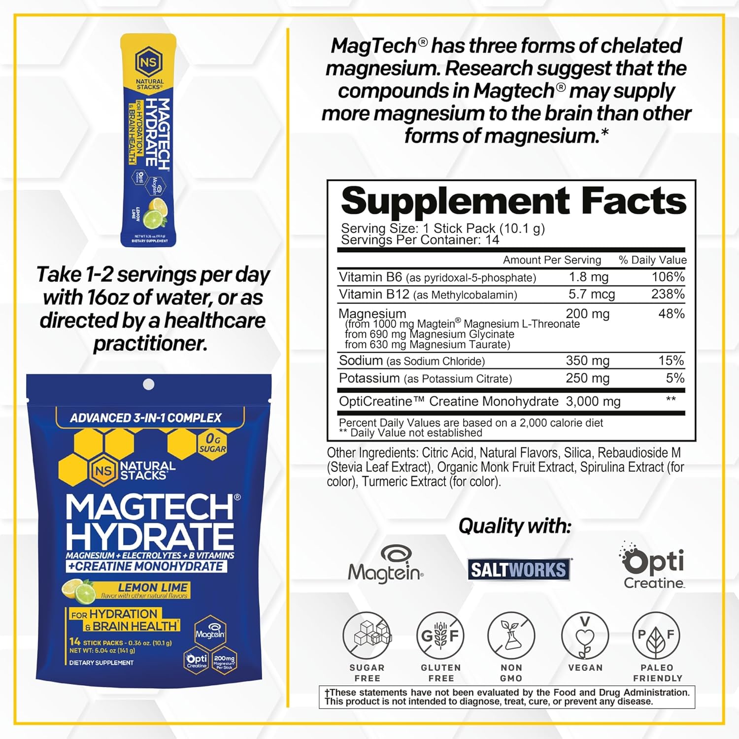 NATURAL STACKS Magtech Magnesium Hydrate + Creatine - Sugar Free Electrolyte Drink - Magtein Magnesium L-Threonate, Glycinate & Taurate - Supports Hydration & Cellular Energy - 14 Hydration Packets