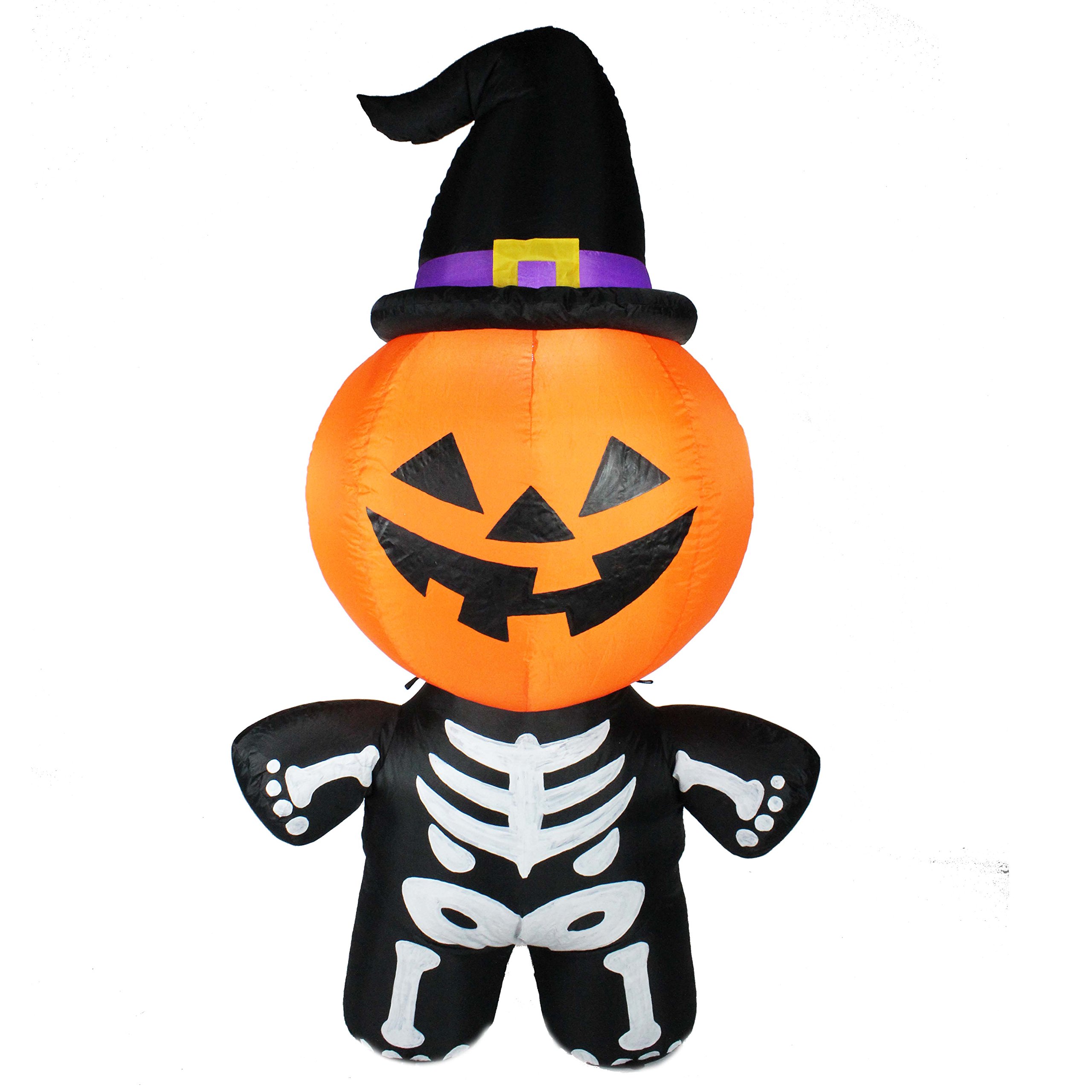 JoiedomiHalloween 5 FT Inflatable Pumpkin Skeleton with a Witch Hat with Build-in LEDs Blow Up Inflatables for Halloween Party Indoor, Outdoor, Yard, Garden, Lawn Decorations