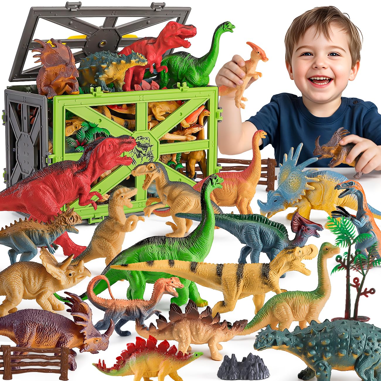 Juguetes de dinosaurio para niños de 3 a 5 años, figuras realistas de dinosaurio de plástico con jaula de almacenamiento para niños de 5 a 7 años, juguetes de dinosaurio, regalos de cumpleaños para