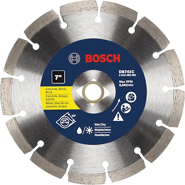 BOSCH DB741C 7 in. Premium Segmented Rim Diamond Blade with 5/8 in., 7/8 in. Arbor for Universal Rough Cut Wet/Dry Cutting Applications in Concrete, Brick, Block