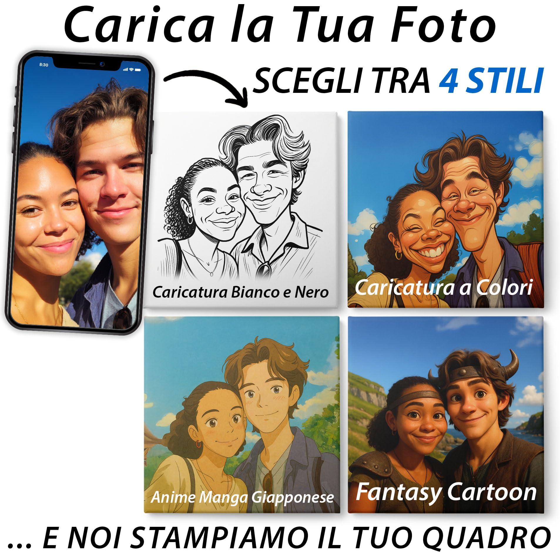ConKrea – Caricatura dalla Tua Foto Personalizzata | 30x30cm | Stile Cartone Anime Manga Giapponese | Quadro su Tela Canvas | Idea Regalo Divertente per Famiglie e Coppie