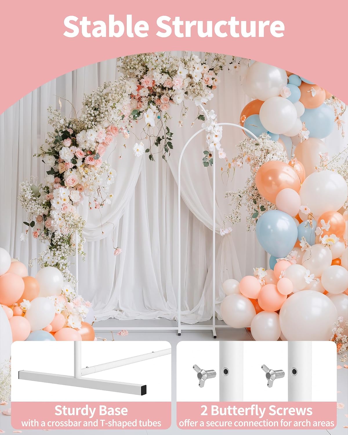 Pureegg Metal Arch Backdrop Stand Set - Set of 2 (7.2ft/6.0ft), White Wedding Stand with Stable Base, Elegant Backdrop Cover for Party, Birthday, Baby Shower, Graduation, Easy to Assemble